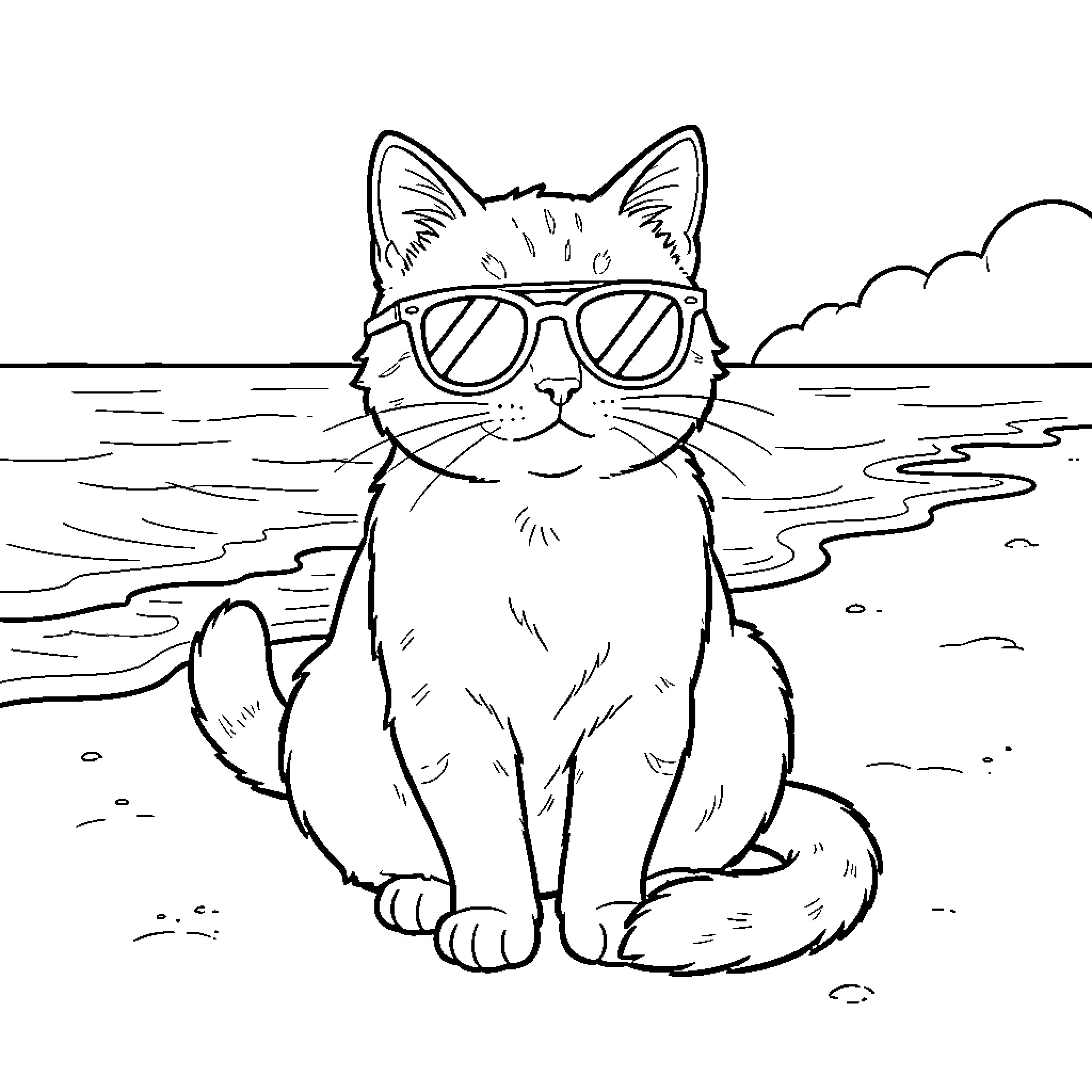Gato enjoying the beach with sunglasses Coloring Page (free black-and-white line drawing printable PDF for all, from beginners to advanced learners, including children, teens, adults, and seniors)