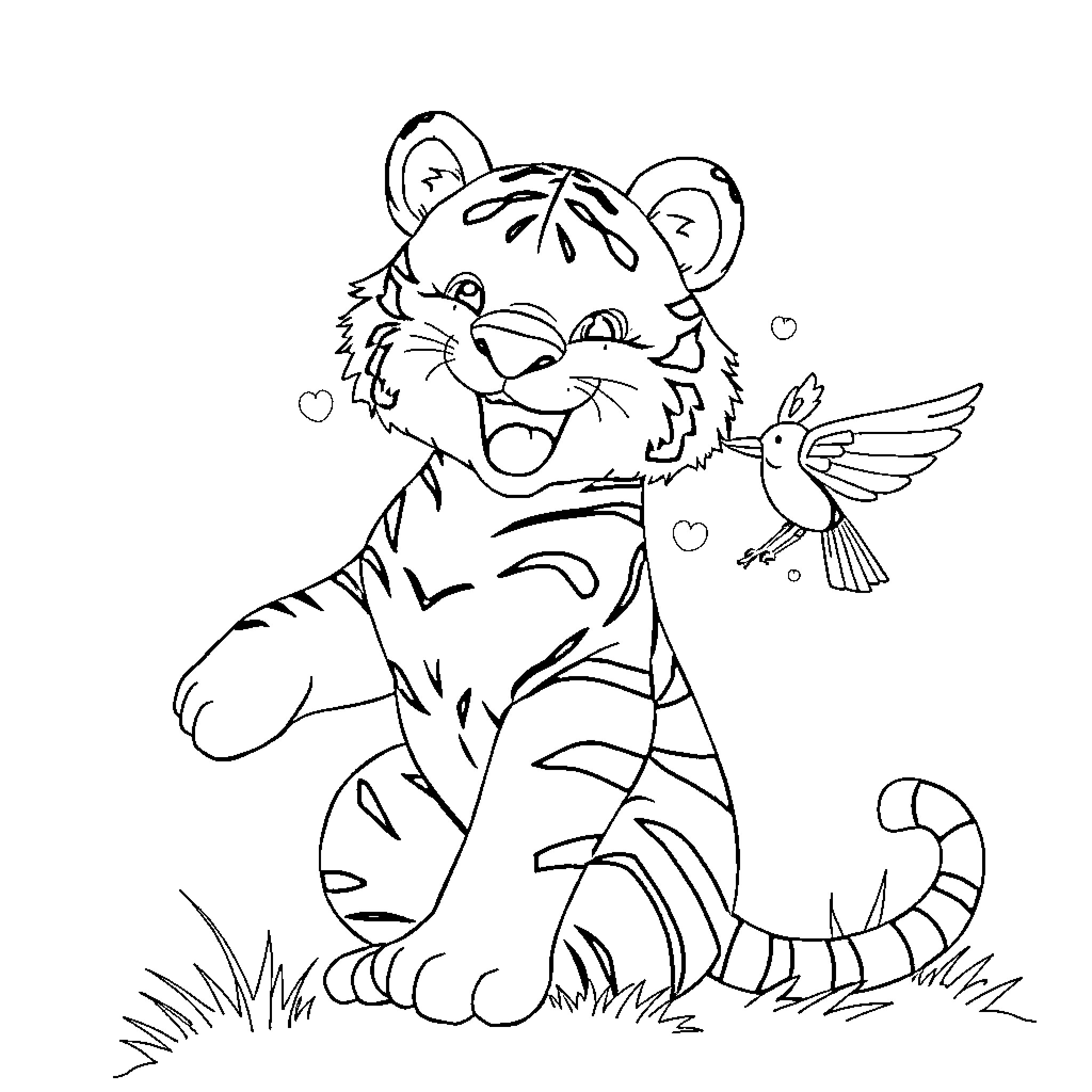 Tiger playing happily with a bird in nature Coloring Page (free black-and-white line drawing printable PDF for all, from beginners to advanced learners, including children, teens, adults, and seniors)