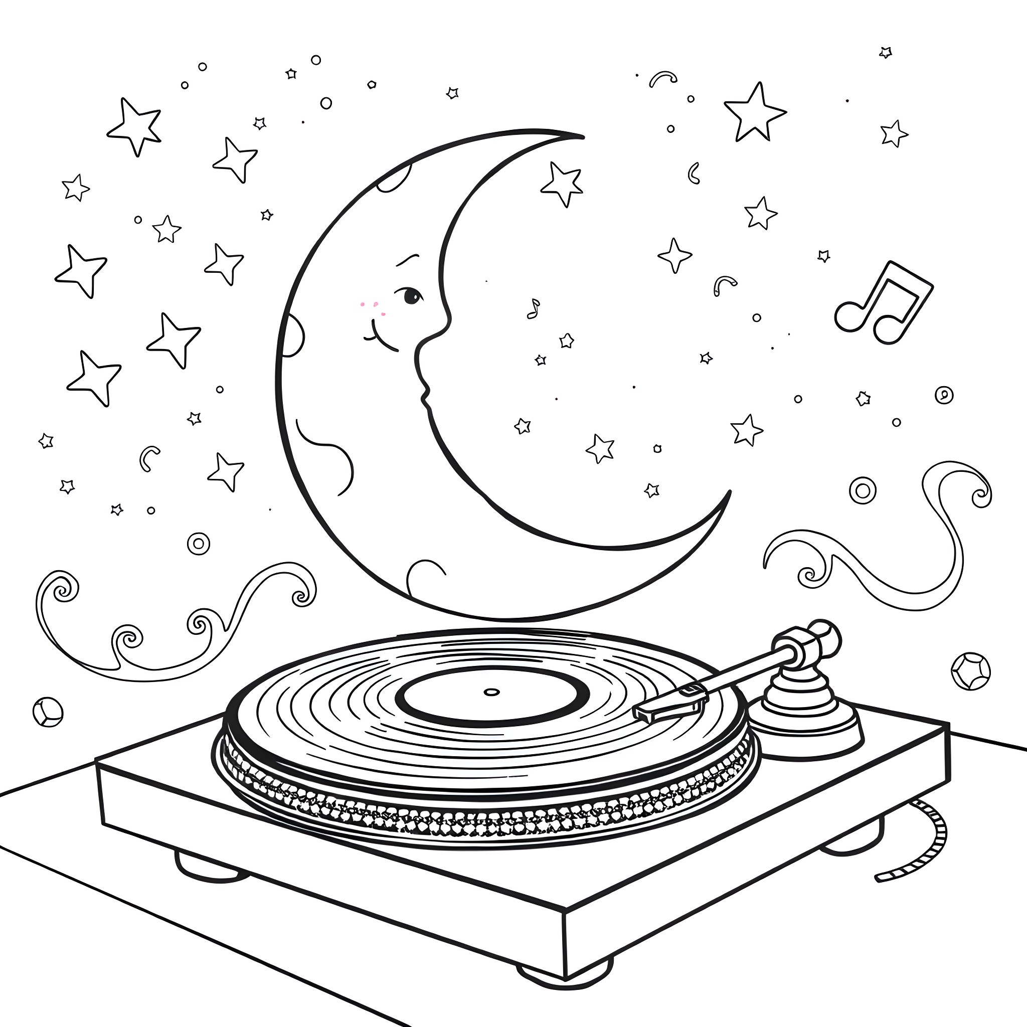 Crescent Moon Vinyl Record Spinning Under the Stars Coloring Page (free black-and-white line drawing printable PDF for all, from beginners to advanced learners, including children, teens, adults, and seniors)