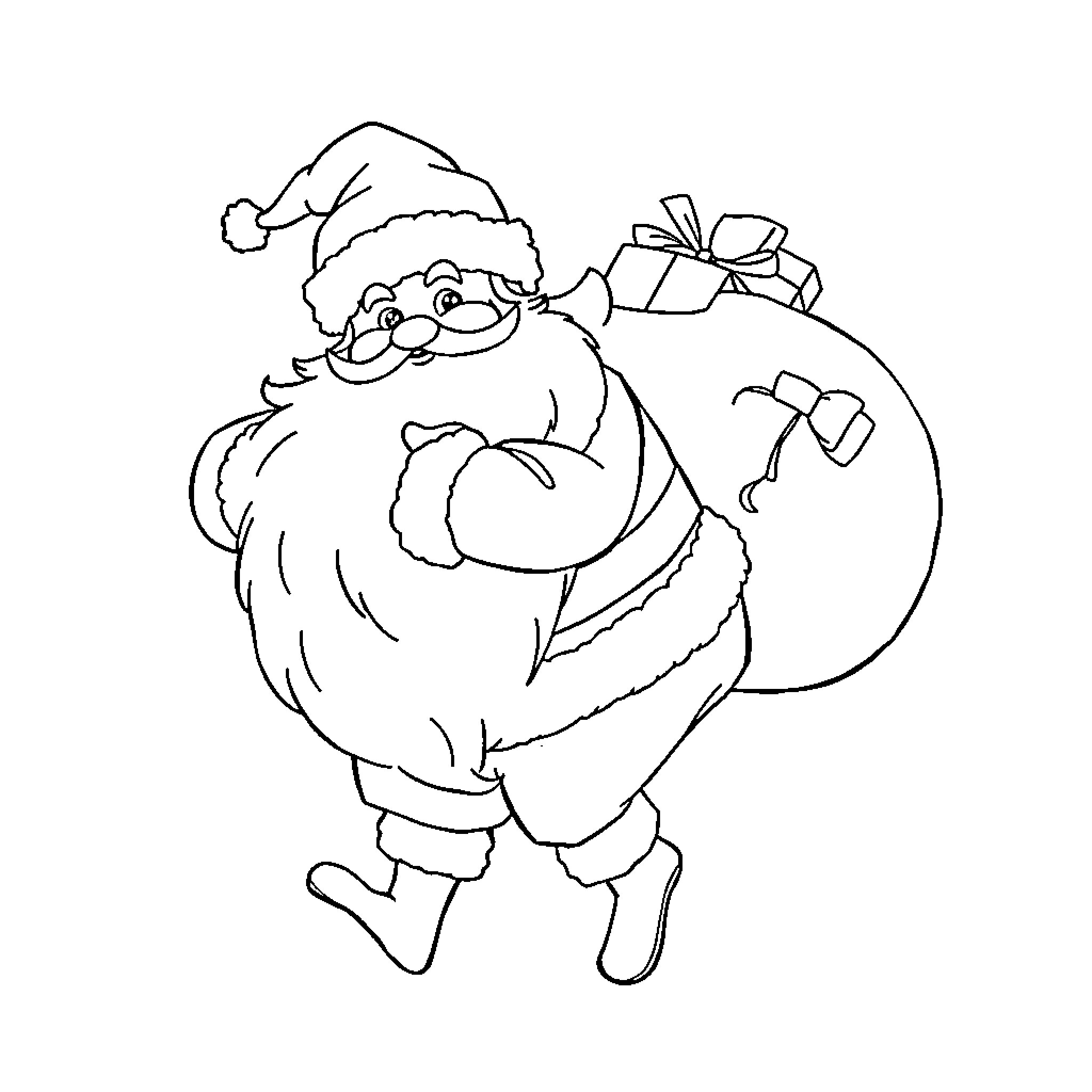 Santa Claus carrying a gift sack Coloring Page (free black-and-white line drawing printable PDF for all, from beginners to advanced learners, including children, teens, adults, and seniors)