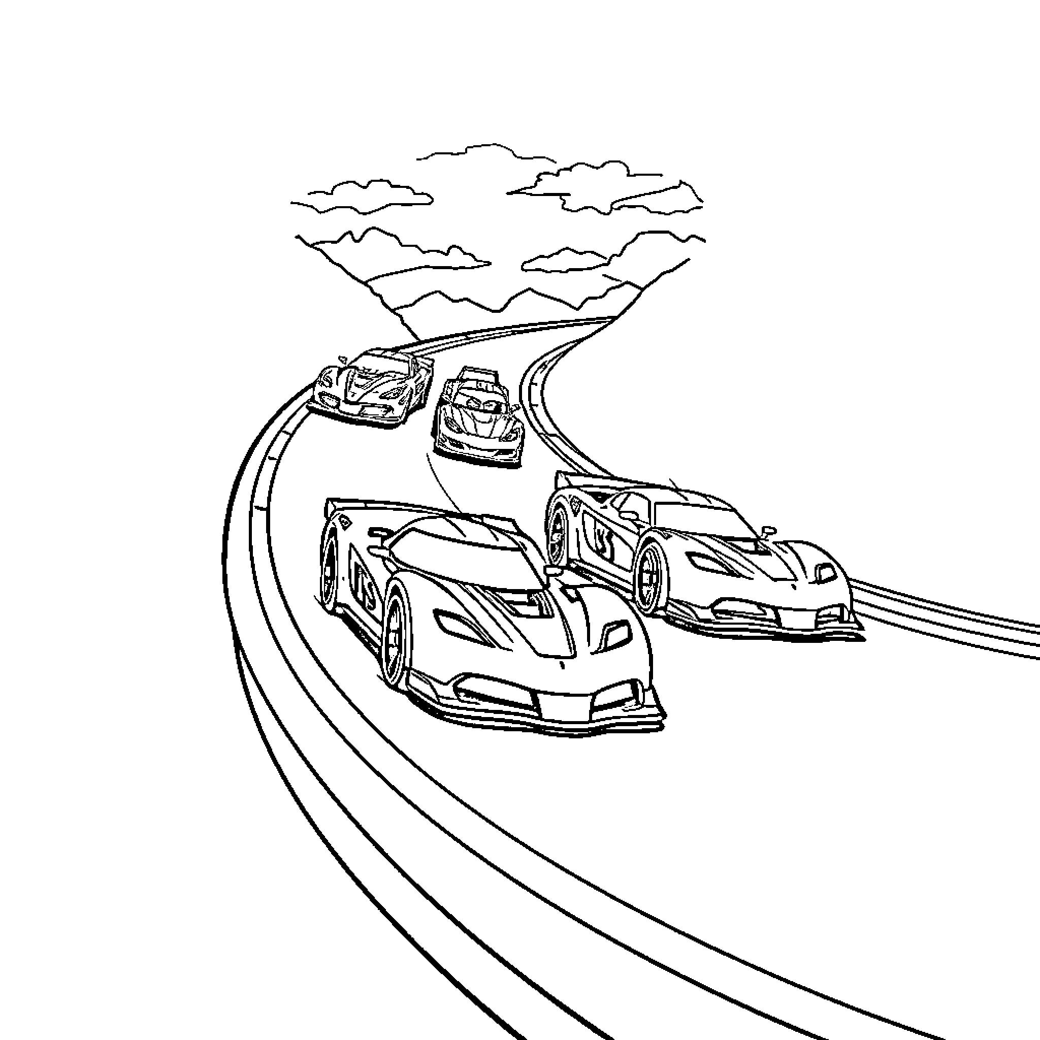 Hot Wheels Racing on Winding Mountain Road Coloring Page (free black-and-white line drawing printable PDF for all, from beginners to advanced learners, including children, teens, adults, and seniors)