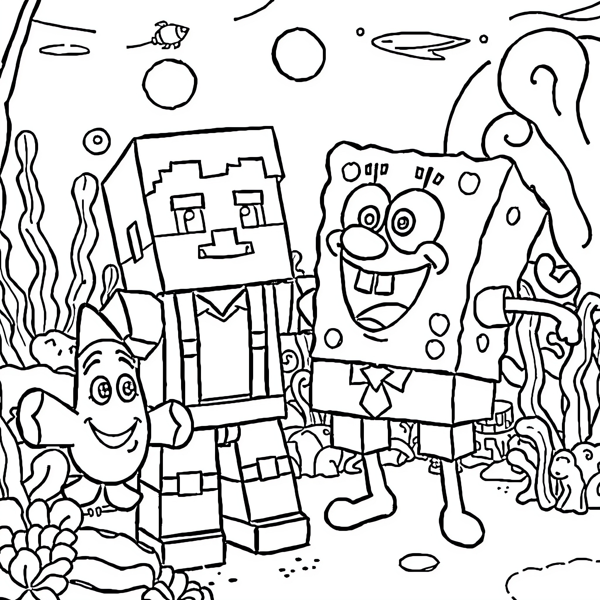 Steve's Underwater Adventure with Cartoon Characters Coloring Page (free black-and-white line drawing printable PDF for all, from beginners to advanced learners, including children, teens, adults, and seniors)