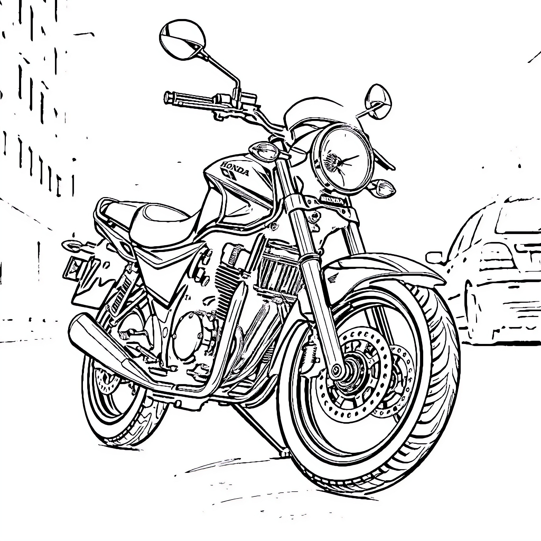 Honda motorcycle in motion on the road Coloring Page (free black-and-white line drawing printable PDF for all, from beginners to advanced learners, including children, teens, adults, and seniors)