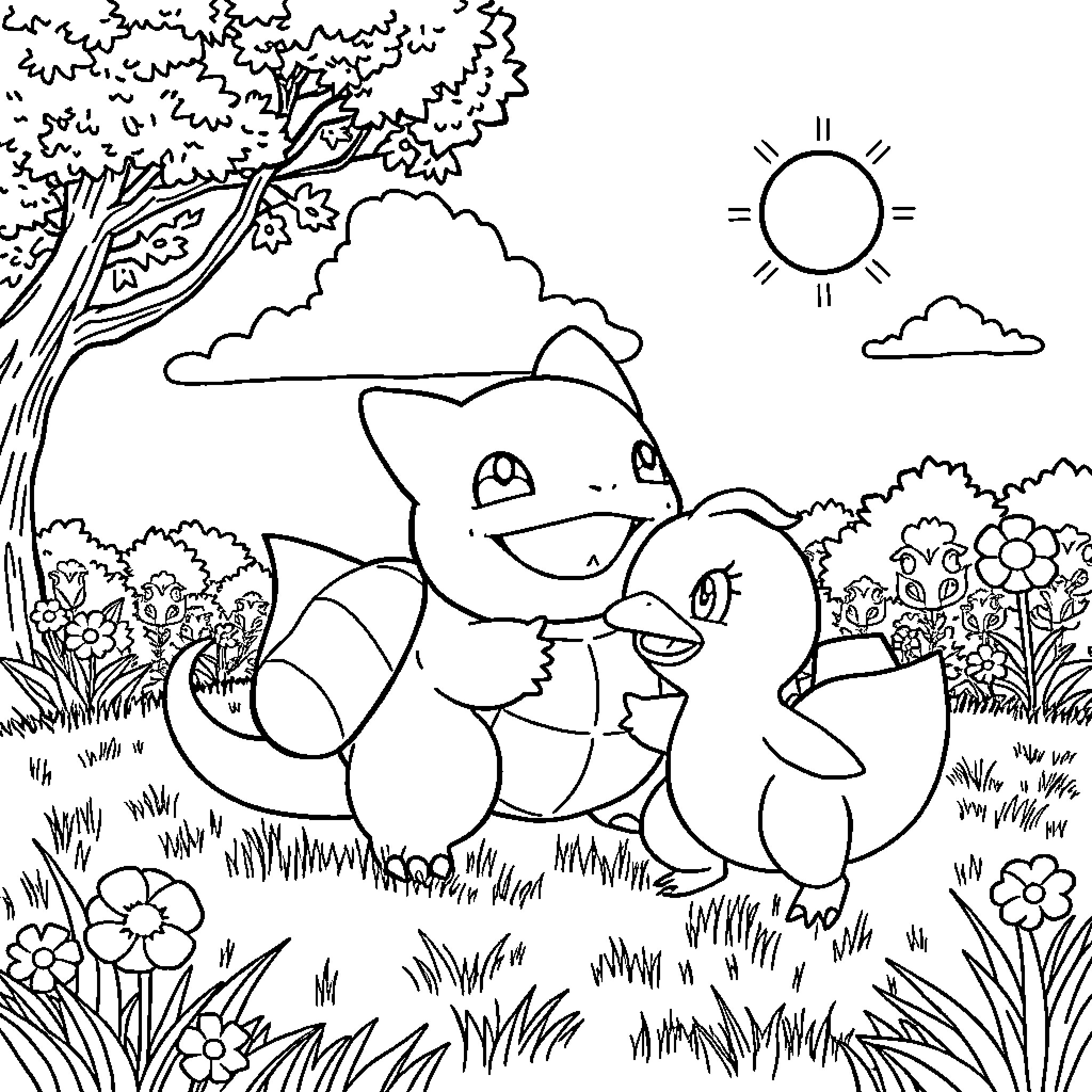 Bulbasaur and its friend enjoying the peaceful outdoors Coloring Page (free black-and-white line drawing printable PDF for all, from beginners to advanced learners, including children, teens, adults, and seniors)