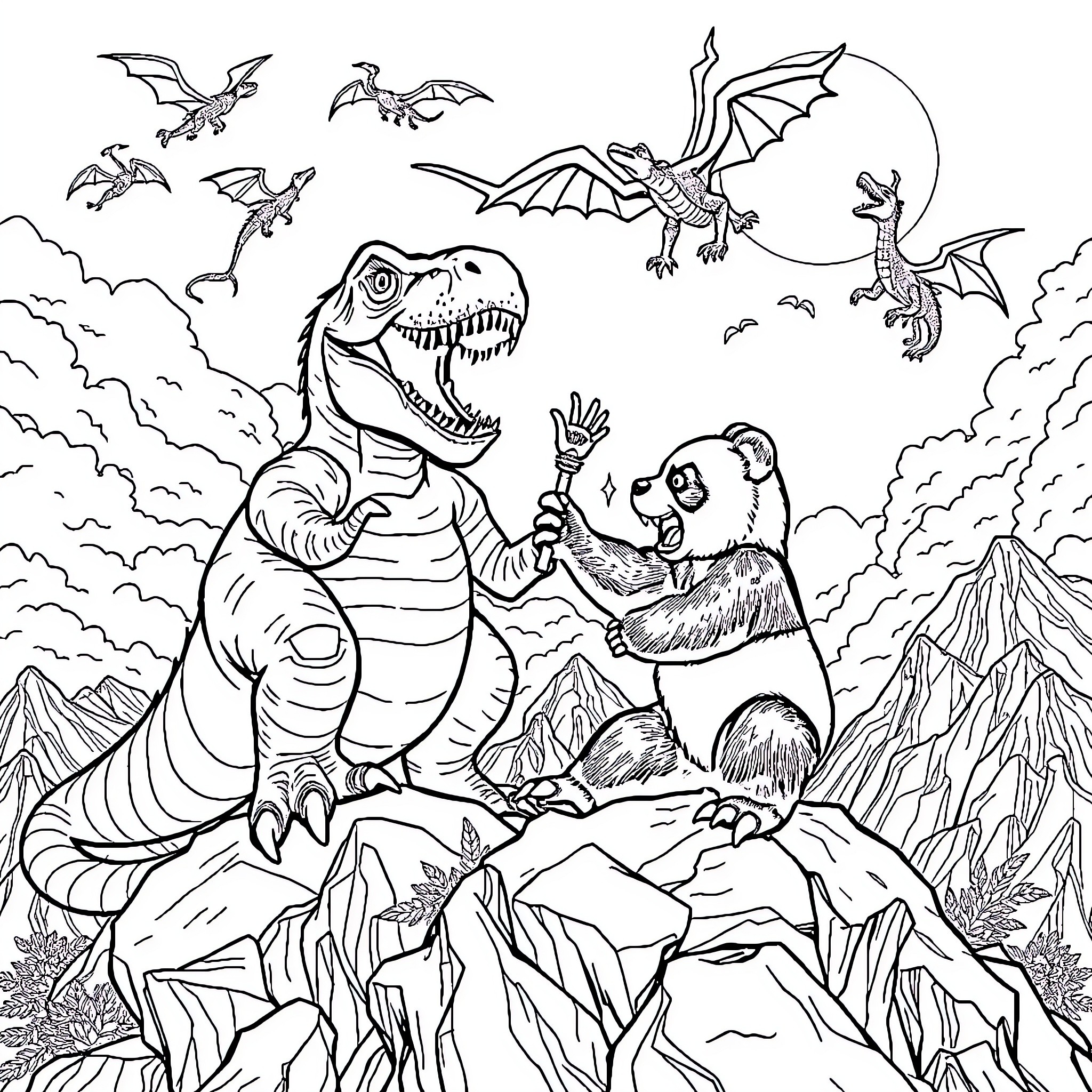 Kung Fu T-Rex battles fierce dragons in the mountains Coloring Page (free black-and-white line drawing printable PDF for all, from beginners to advanced learners, including children, teens, adults, and seniors)