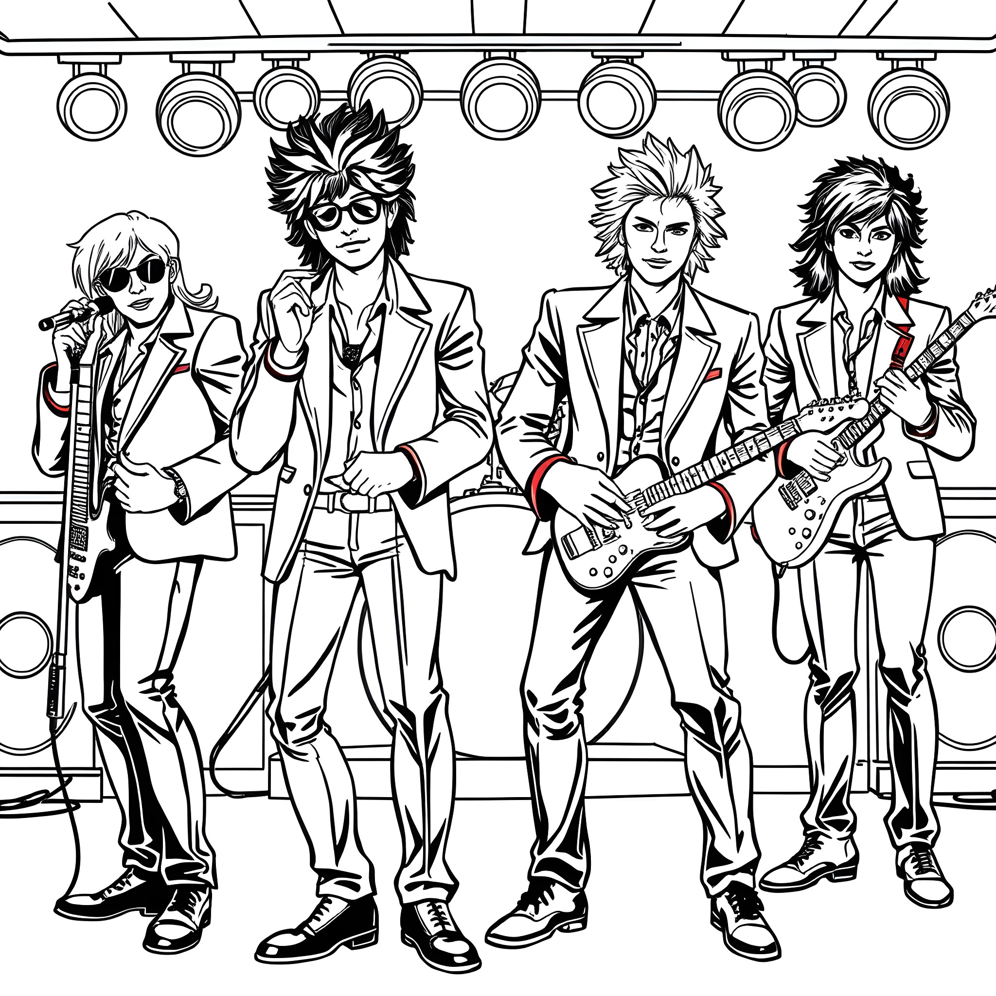 Rock Musician Performing on Stage with Electric Guitars Coloring Page (free black-and-white line drawing printable PDF for all, from beginners to advanced learners, including children, teens, adults, and seniors)