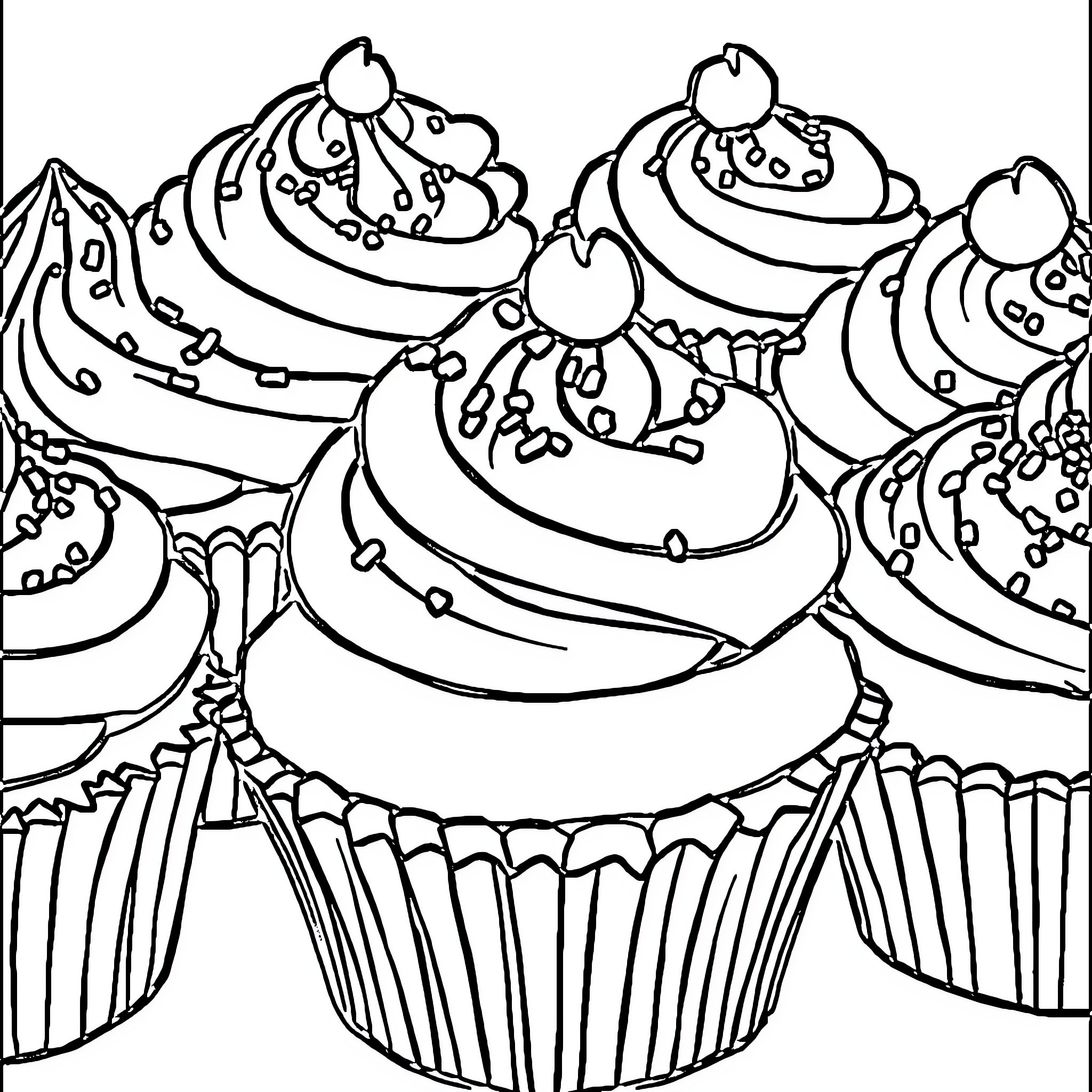 Cupcakes with intricate designs and decorations Coloring Page (free black-and-white line drawing printable PDF for all, from beginners to advanced learners, including children, teens, adults, and seniors)