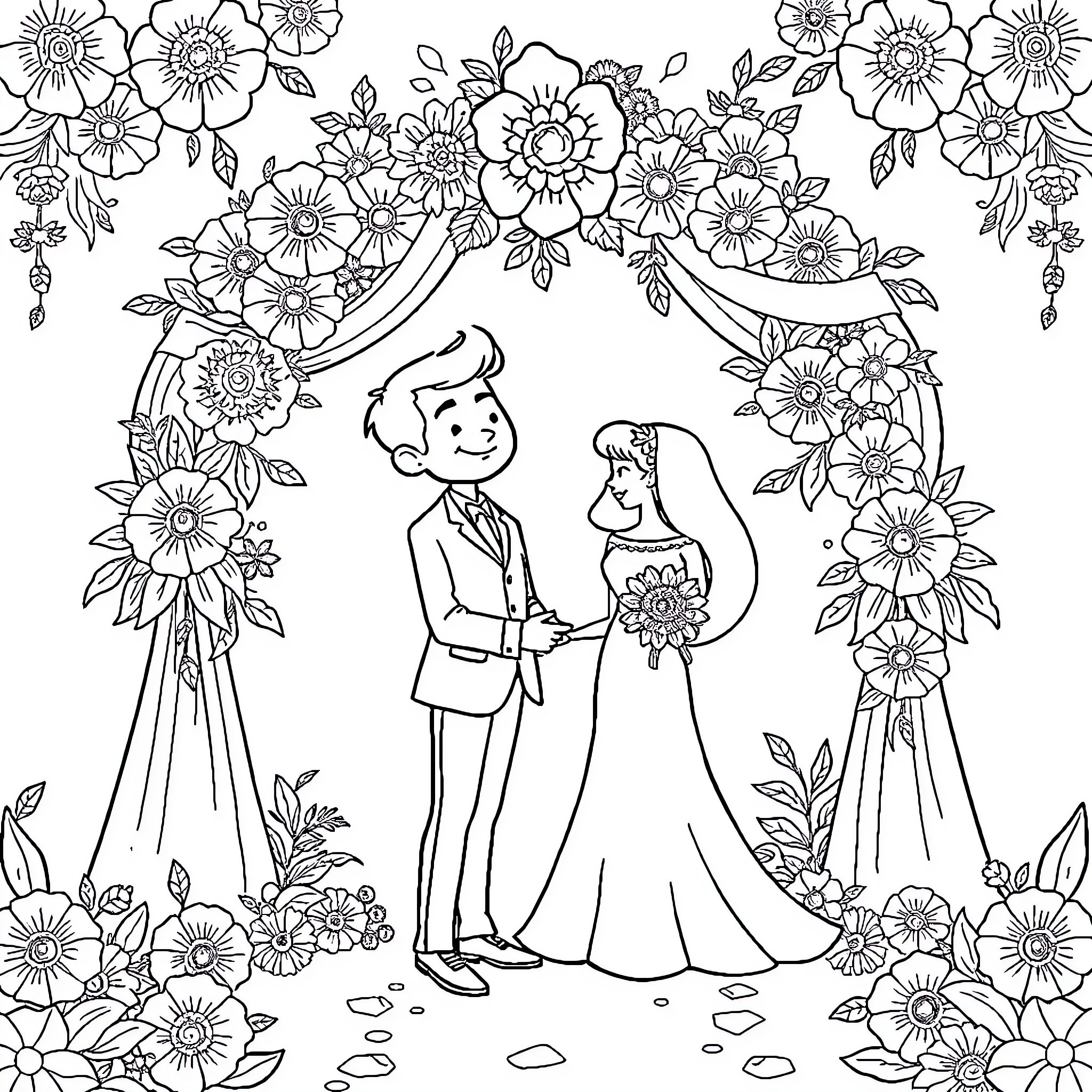 Johnny Lingo's Enchanting Wedding Celebration Coloring Page (free black-and-white line drawing printable PDF for all, from beginners to advanced learners, including children, teens, adults, and seniors)
