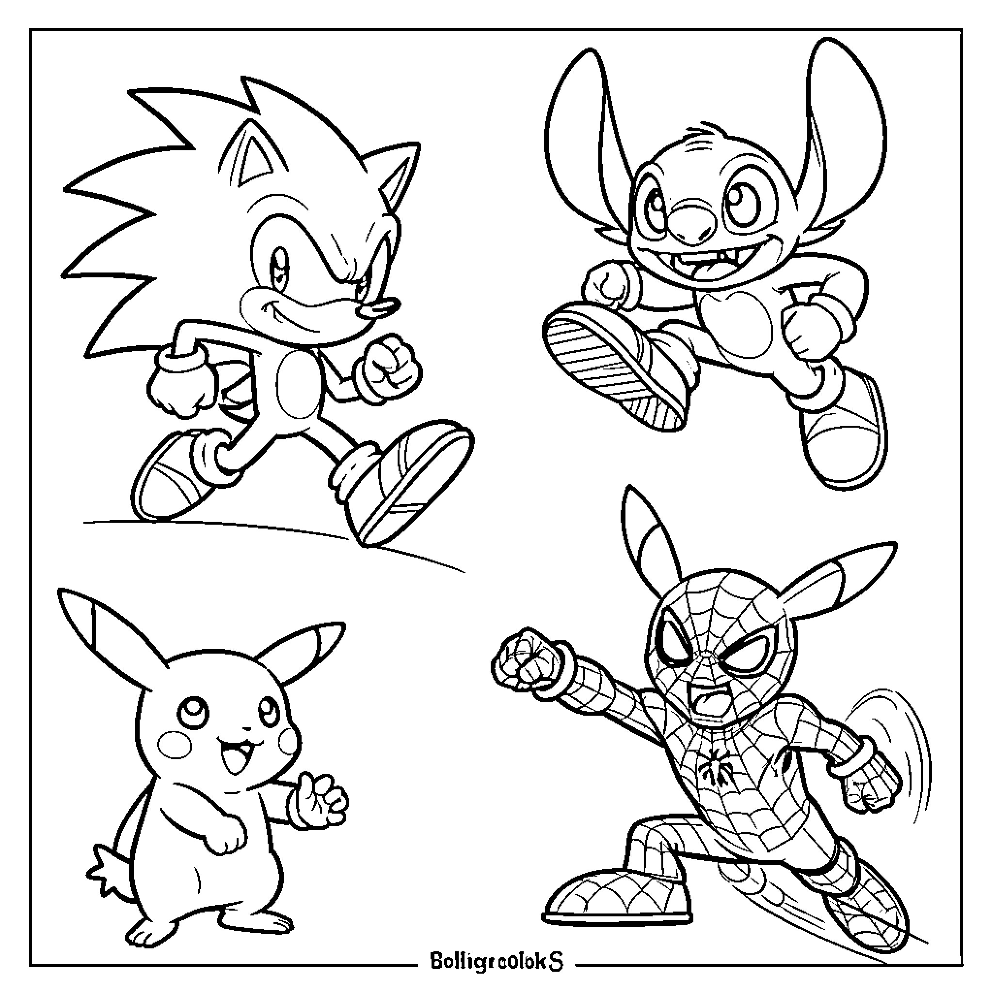 Sonic and various cartoon characters posing playfully Coloring Page (free black-and-white line drawing printable PDF for all, from beginners to advanced learners, including children, teens, adults, and seniors)