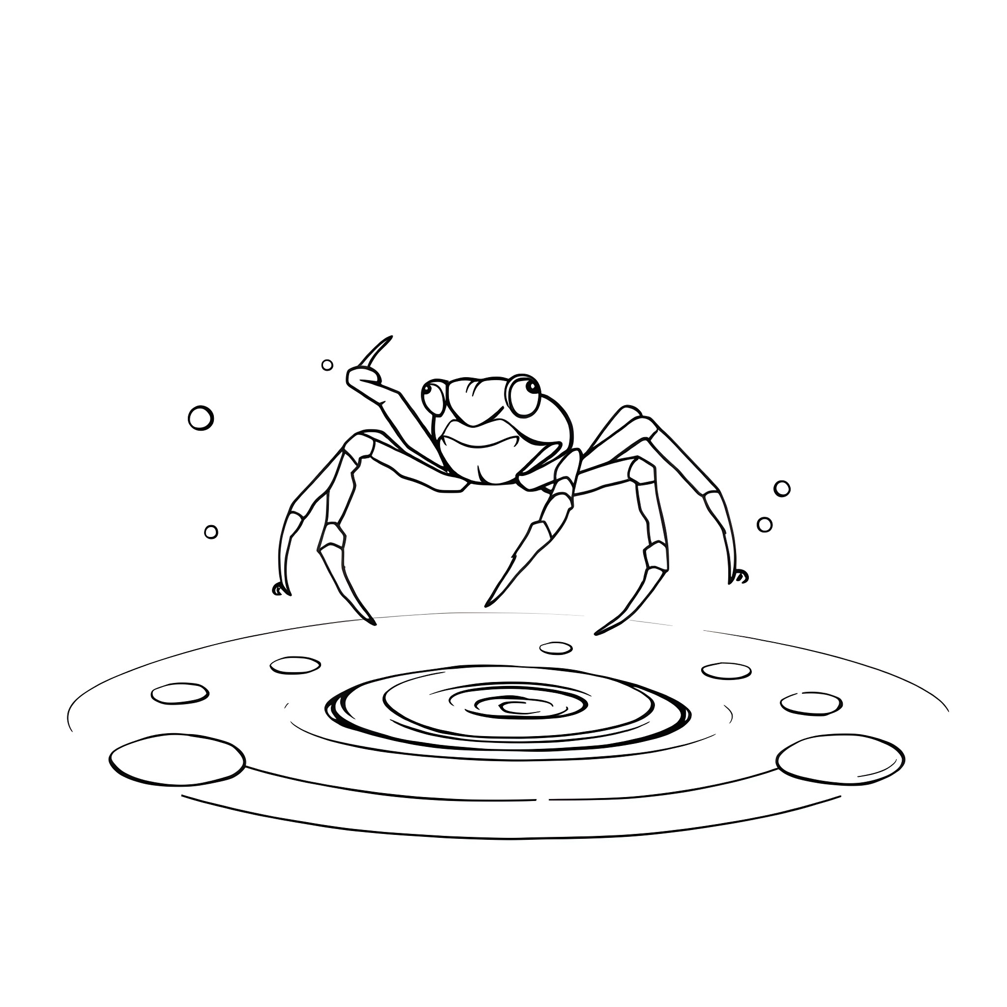 Spider walking cautiously on reflective surface Coloring Page (free black-and-white line drawing printable PDF for all, from beginners to advanced learners, including children, teens, adults, and seniors)