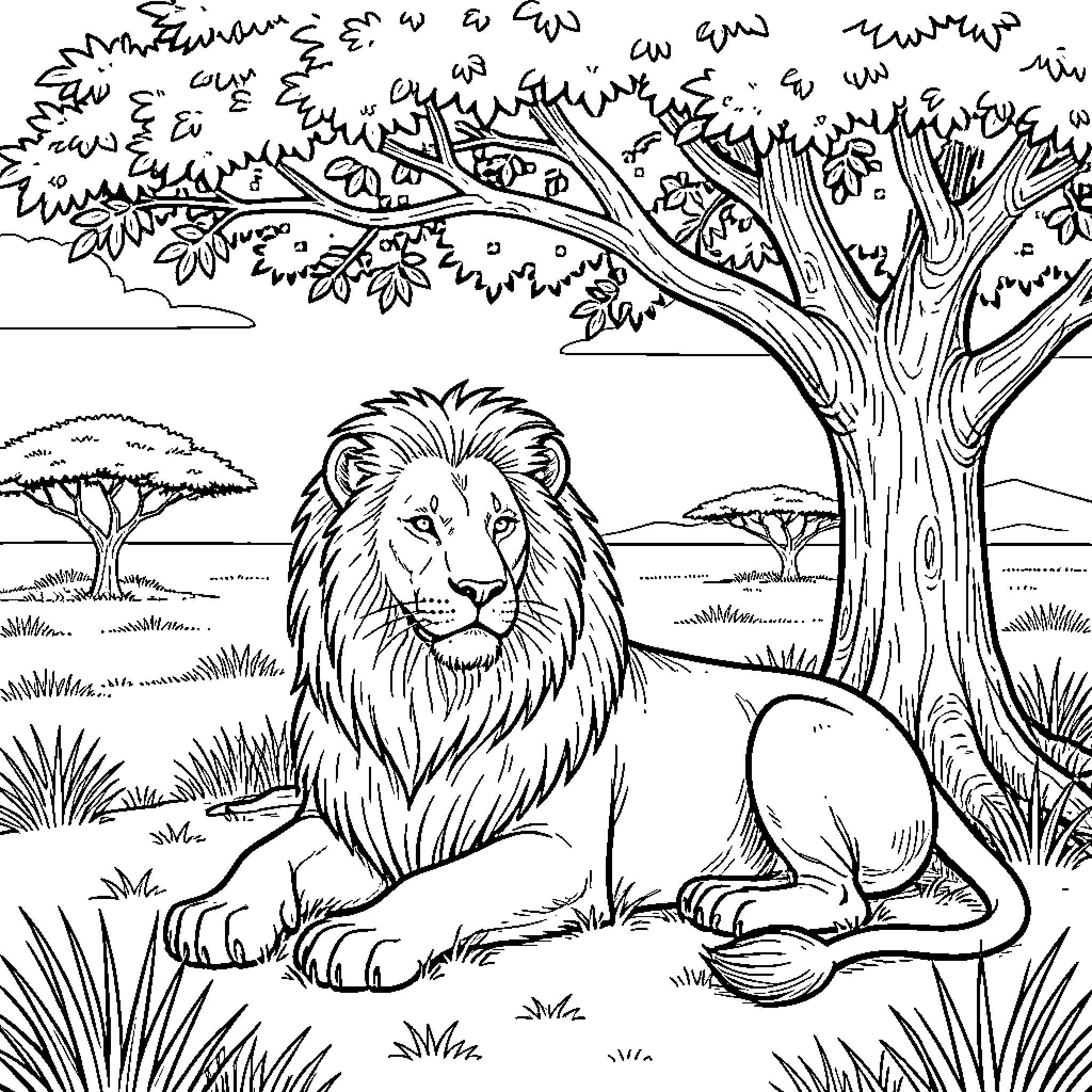 Lion resting calmly in serene wilderness Coloring Page (free black-and-white line drawing printable PDF for all, from beginners to advanced learners, including children, teens, adults, and seniors)