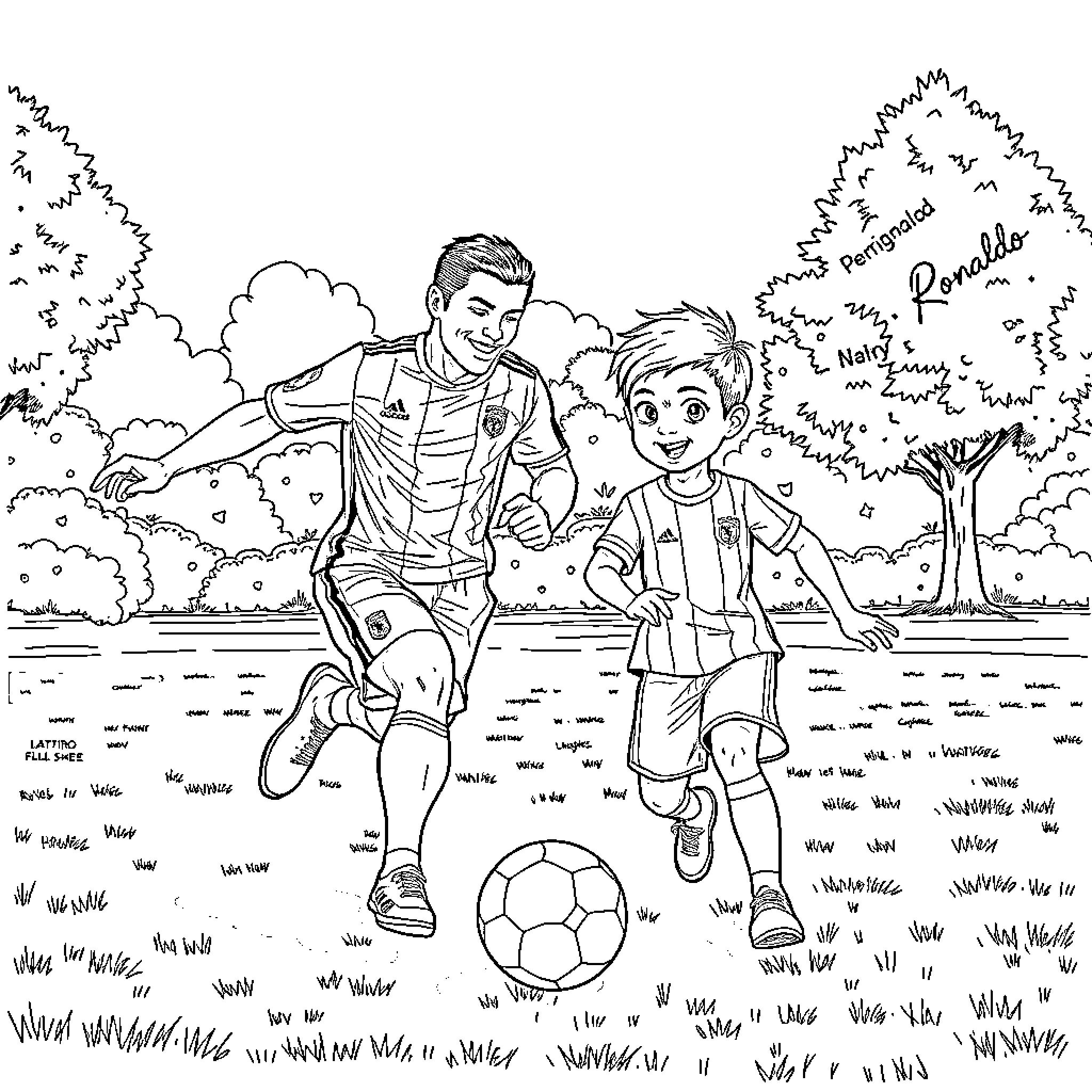 Cristiano Ronaldo playing soccer with a young fan Coloring Page (free black-and-white line drawing printable PDF for all, from beginners to advanced learners, including children, teens, adults, and seniors)