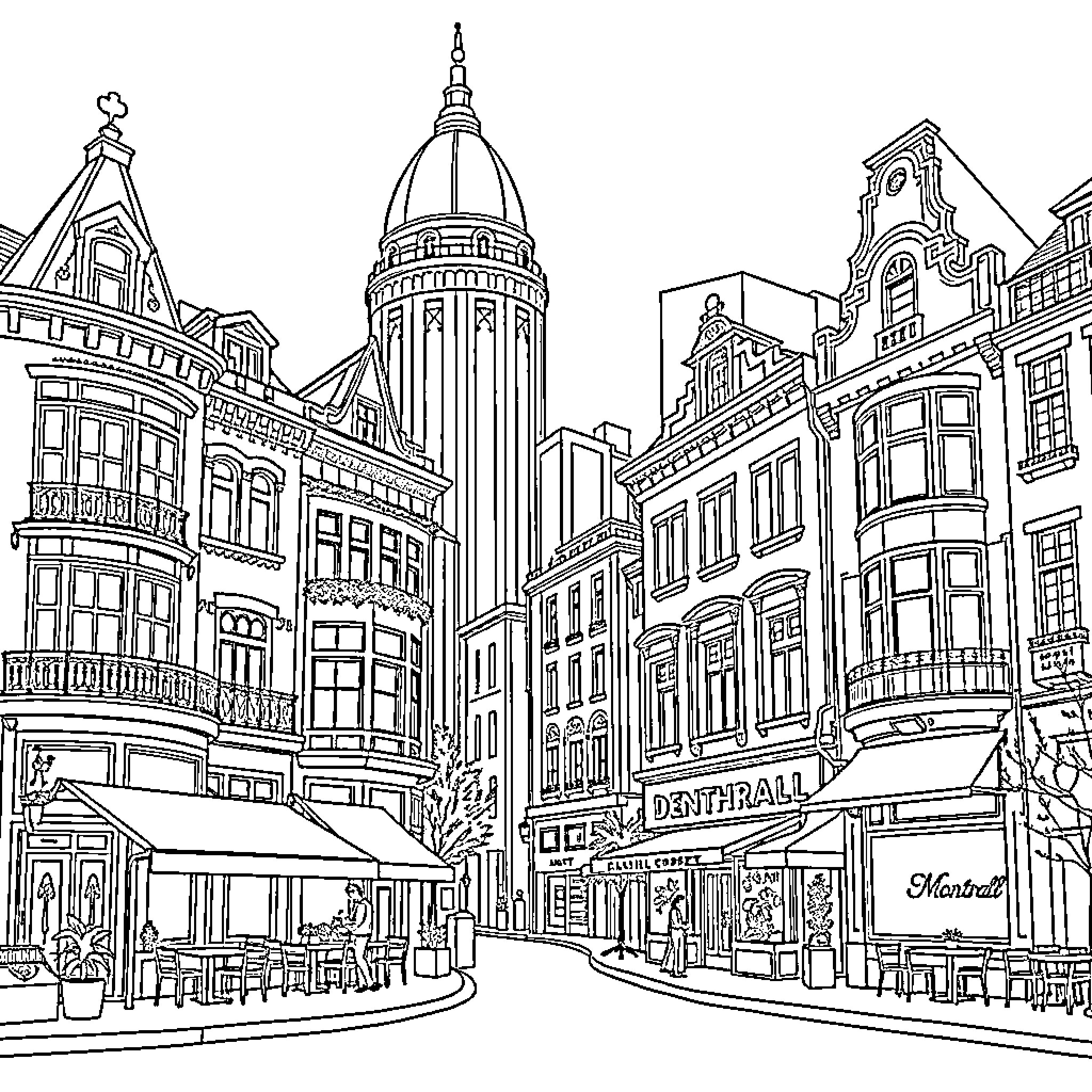 Montreal cityscape with historic architecture Coloring Page (free black-and-white line drawing printable PDF for all, from beginners to advanced learners, including children, teens, adults, and seniors)