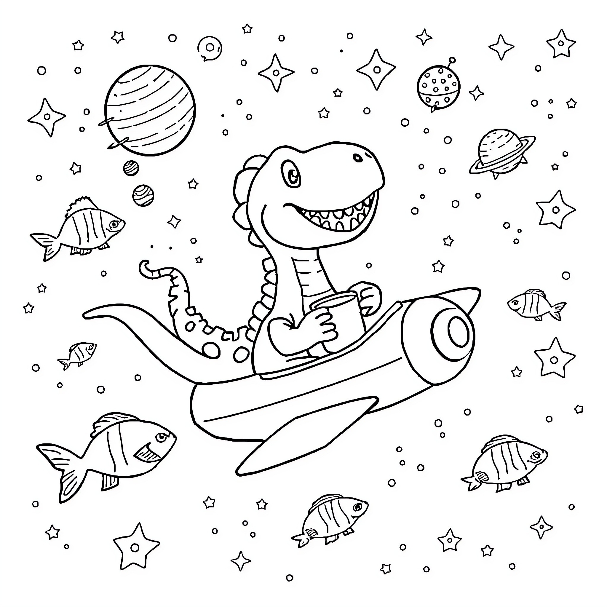 Dinosaur flying a rocket through space Coloring Page (free black-and-white line drawing printable PDF for all, from beginners to advanced learners, including children, teens, adults, and seniors)