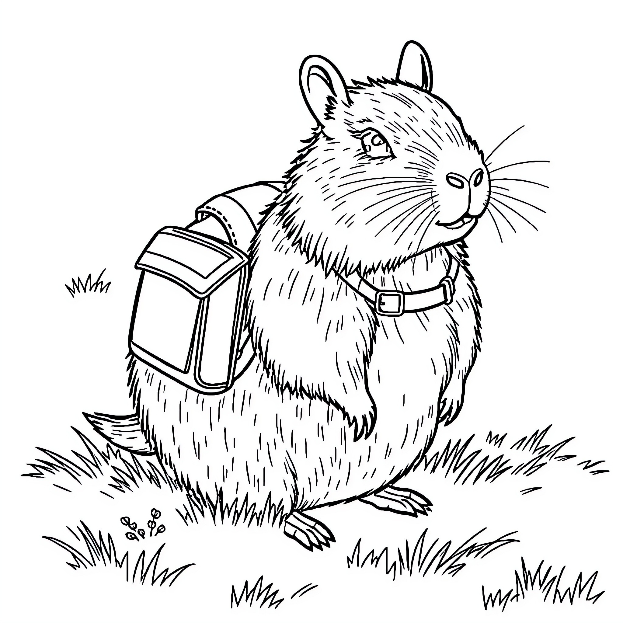 Capybara carrying a backpack in the meadow Coloring Page (free black-and-white line drawing printable PDF for all, from beginners to advanced learners, including children, teens, adults, and seniors)