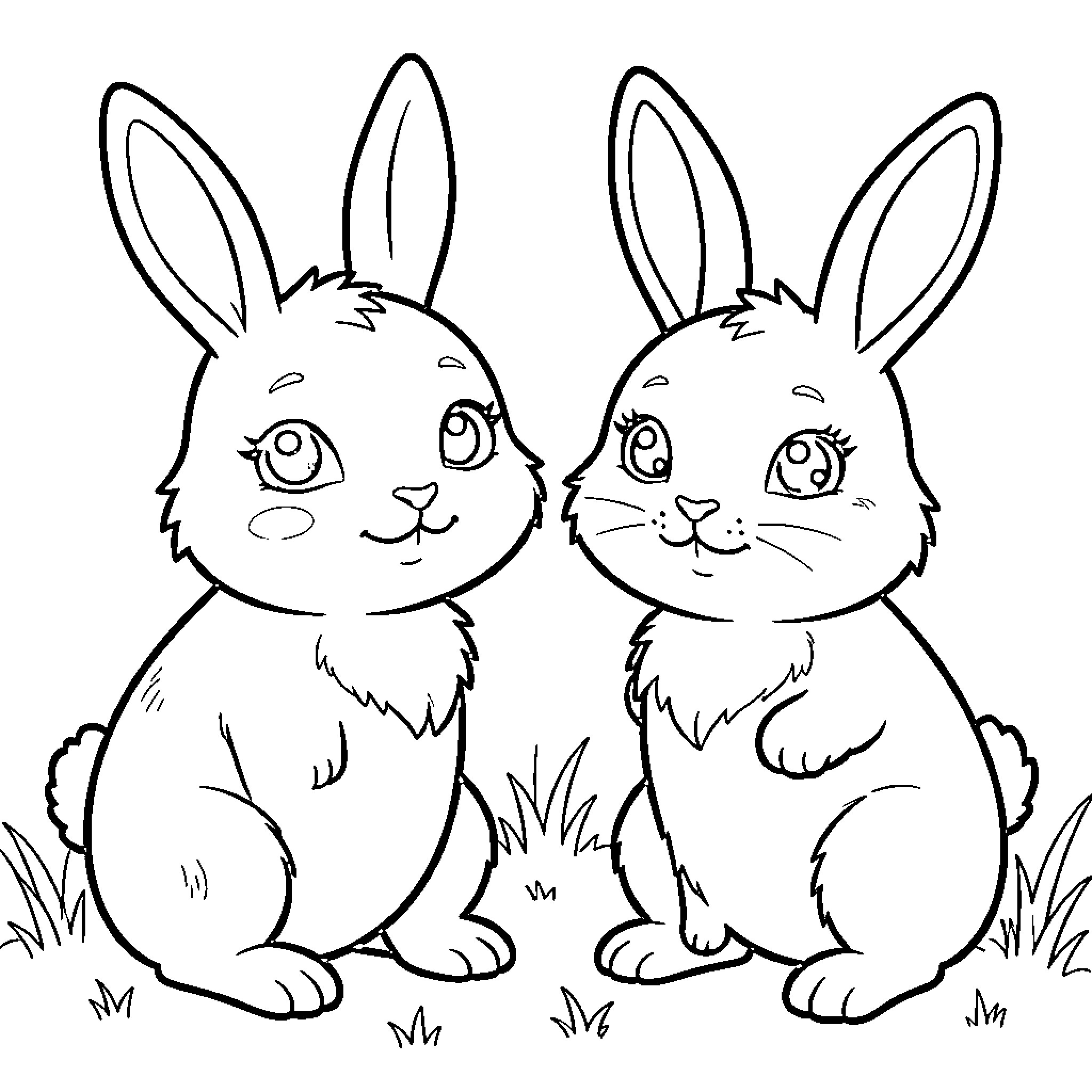 Easter Bunnies sitting happily in the grass Coloring Page (free black-and-white line drawing printable PDF for all, from beginners to advanced learners, including children, teens, adults, and seniors)