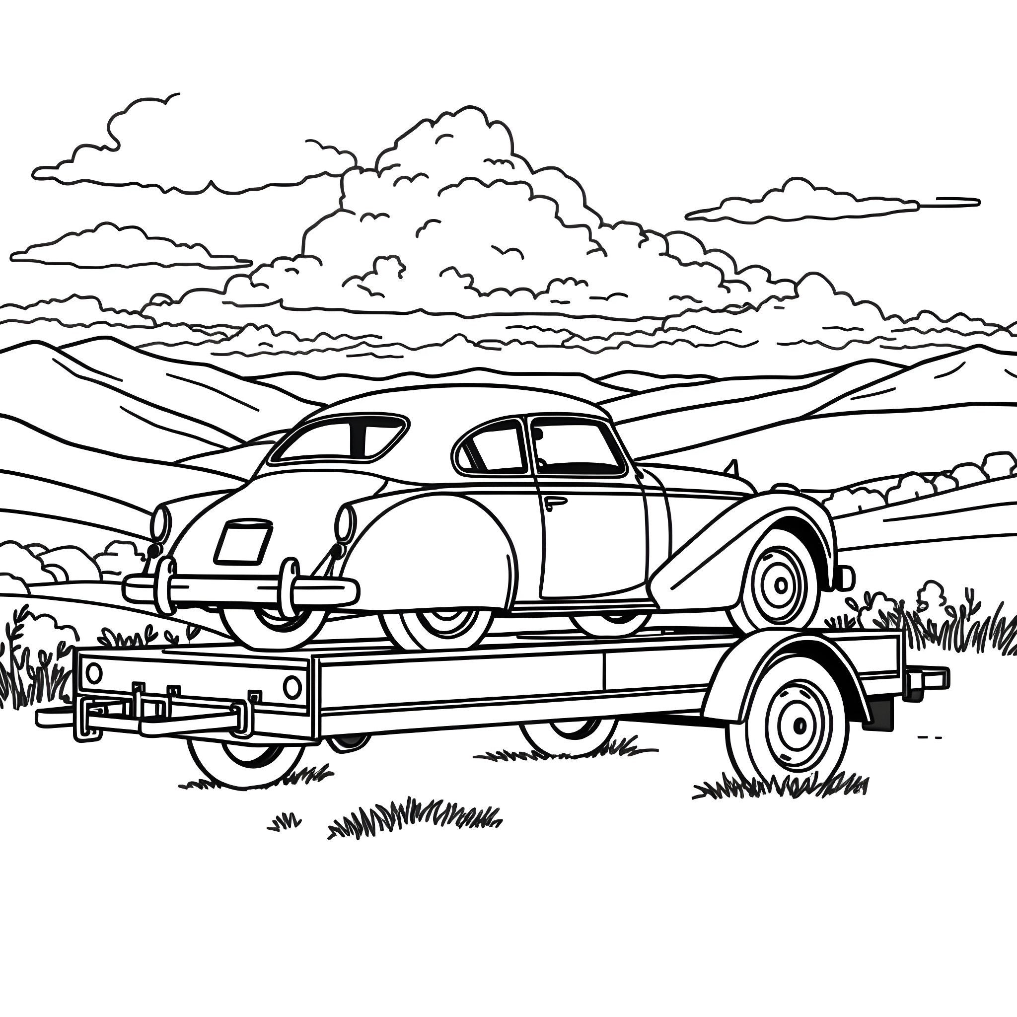 Classic Car Towed on a Flatbed Truck in Scenic Landscape Coloring Page (free black-and-white line drawing printable PDF for all, from beginners to advanced learners, including children, teens, adults, and seniors)