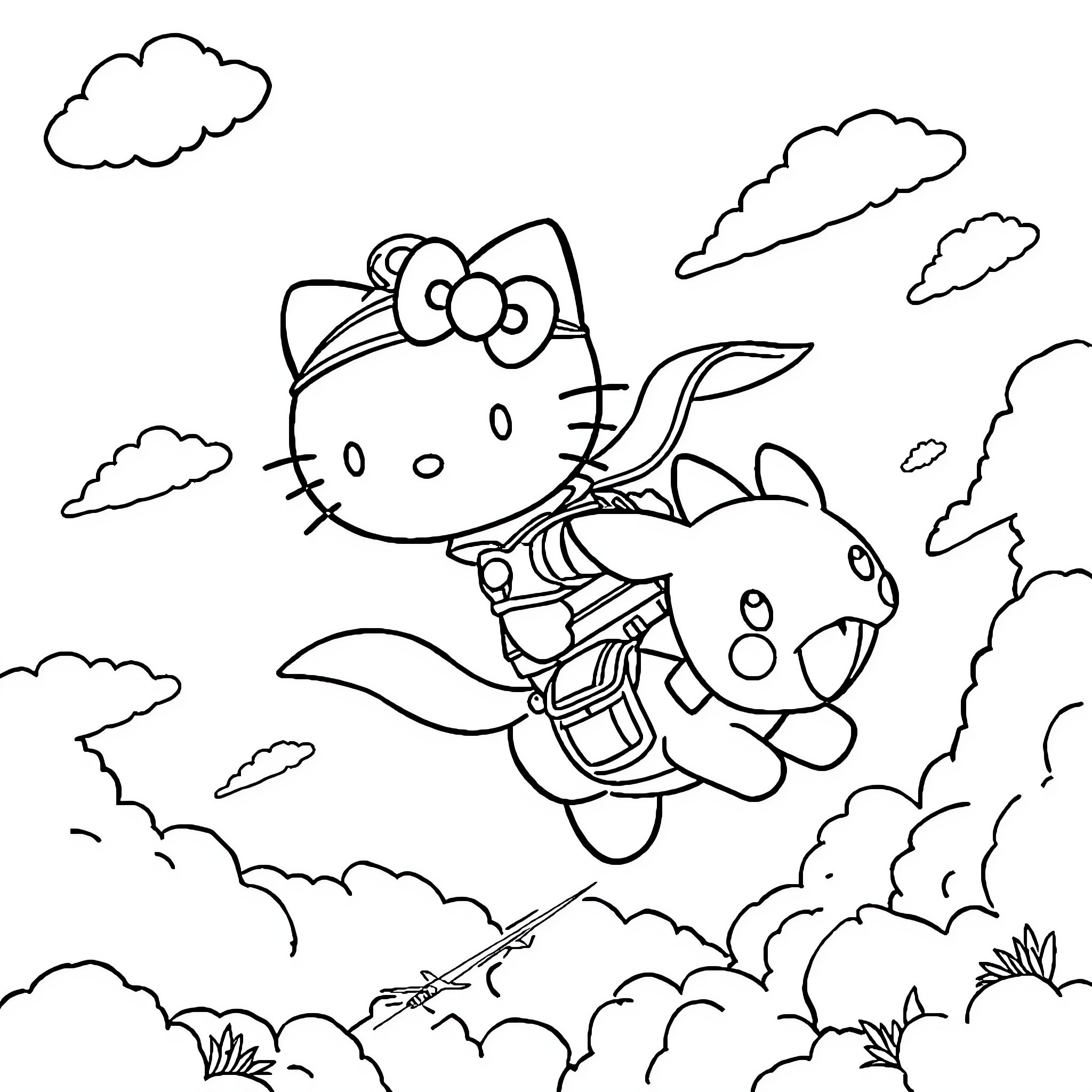 Hello Kitty flying with a fish friend in the sky Coloring Page (free black-and-white line drawing printable PDF for all, from beginners to advanced learners, including children, teens, adults, and seniors)