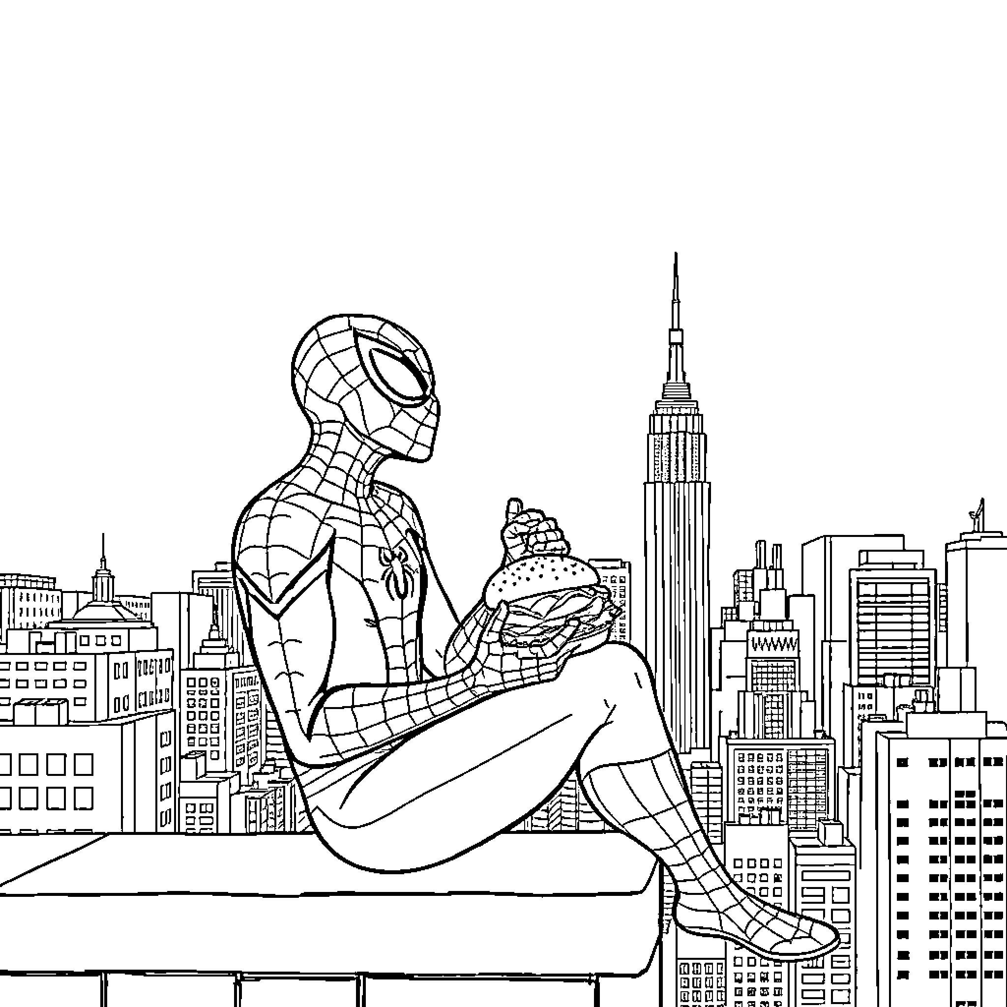 Spiderman posing atop city skyscrapers Coloring Page (free black-and-white line drawing printable PDF for all, from beginners to advanced learners, including children, teens, adults, and seniors)