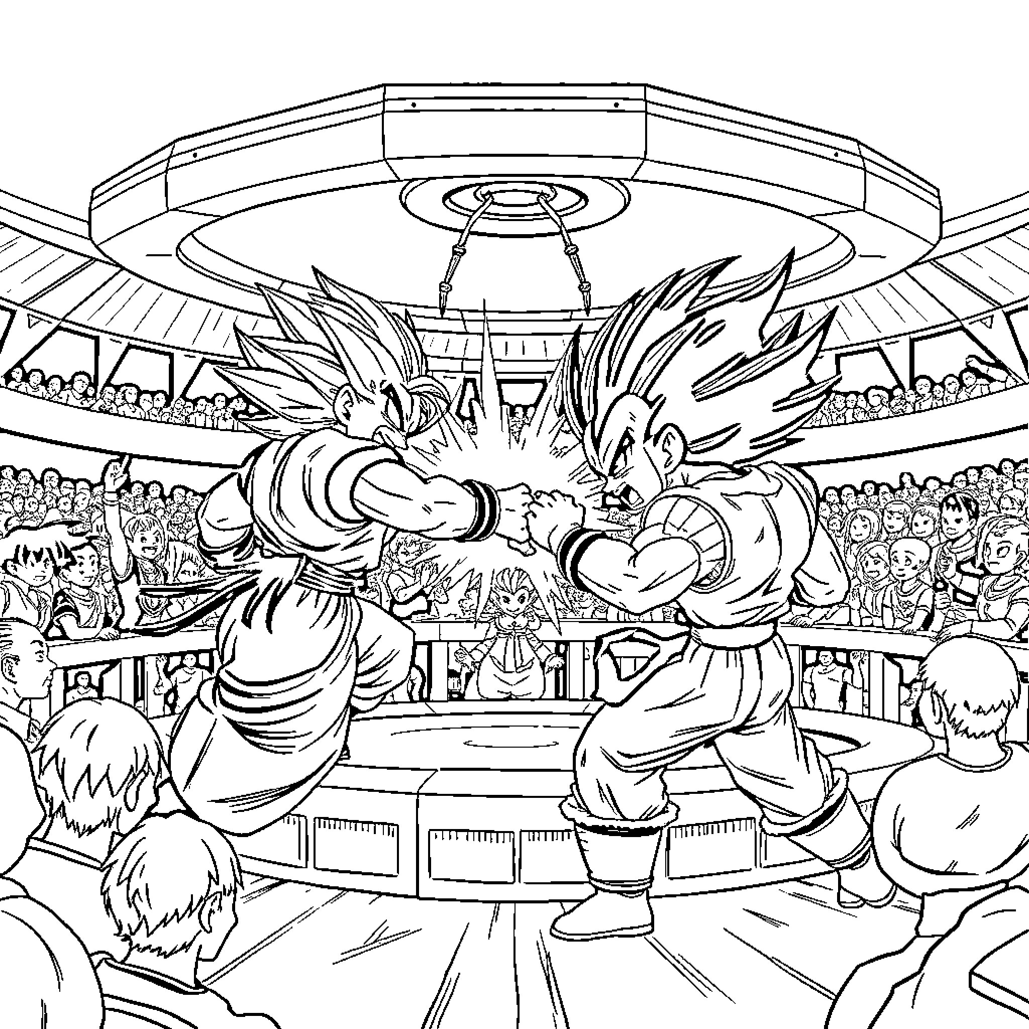 Son Goku and Vegeta in an intense battle at the tournament arena Coloring Page (free black-and-white line drawing printable PDF for all, from beginners to advanced learners, including children, teens, adults, and seniors)