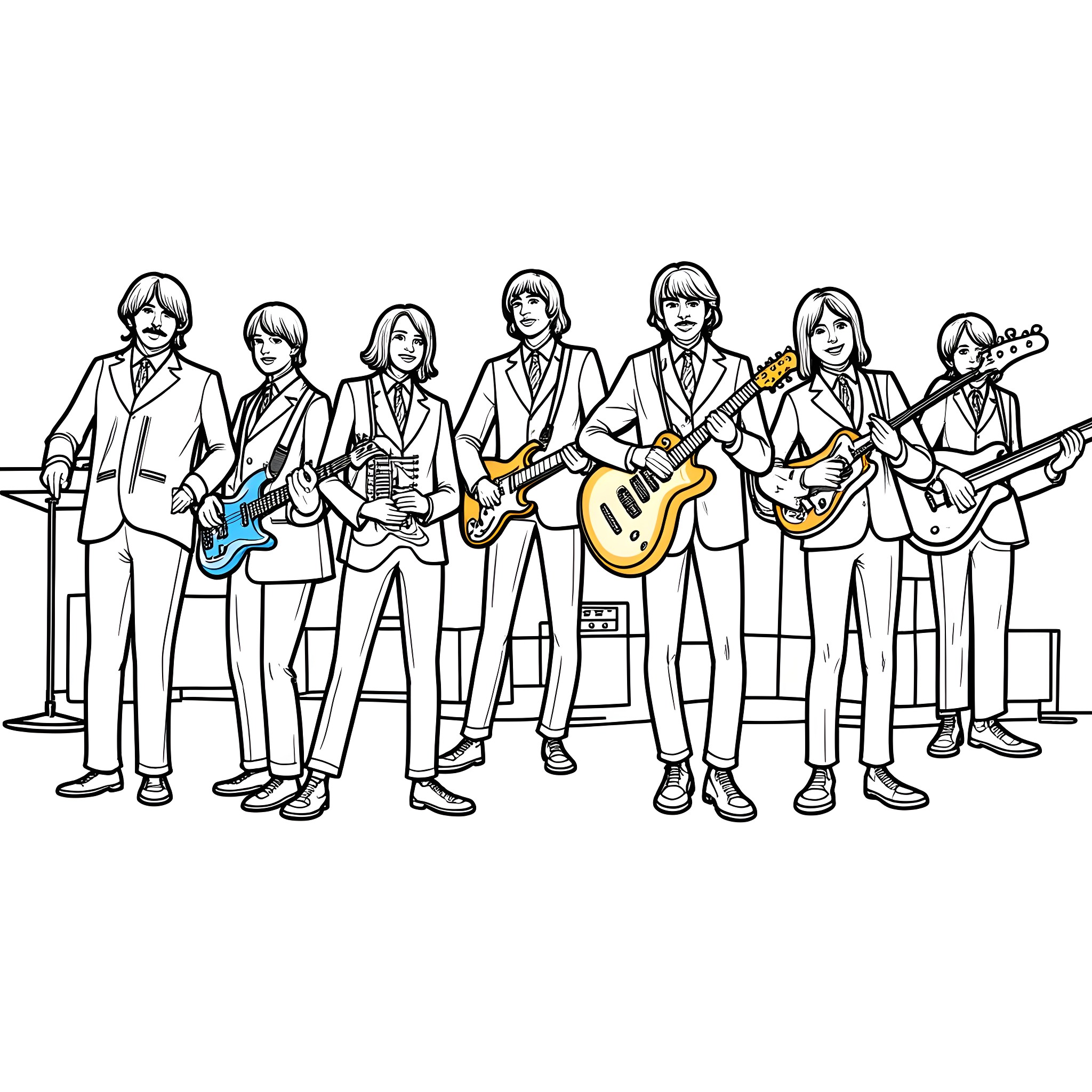 Sgt. Pepper's Lonely Hearts Club Band Members Performing Coloring Page (free black-and-white line drawing printable PDF for all, from beginners to advanced learners, including children, teens, adults, and seniors)