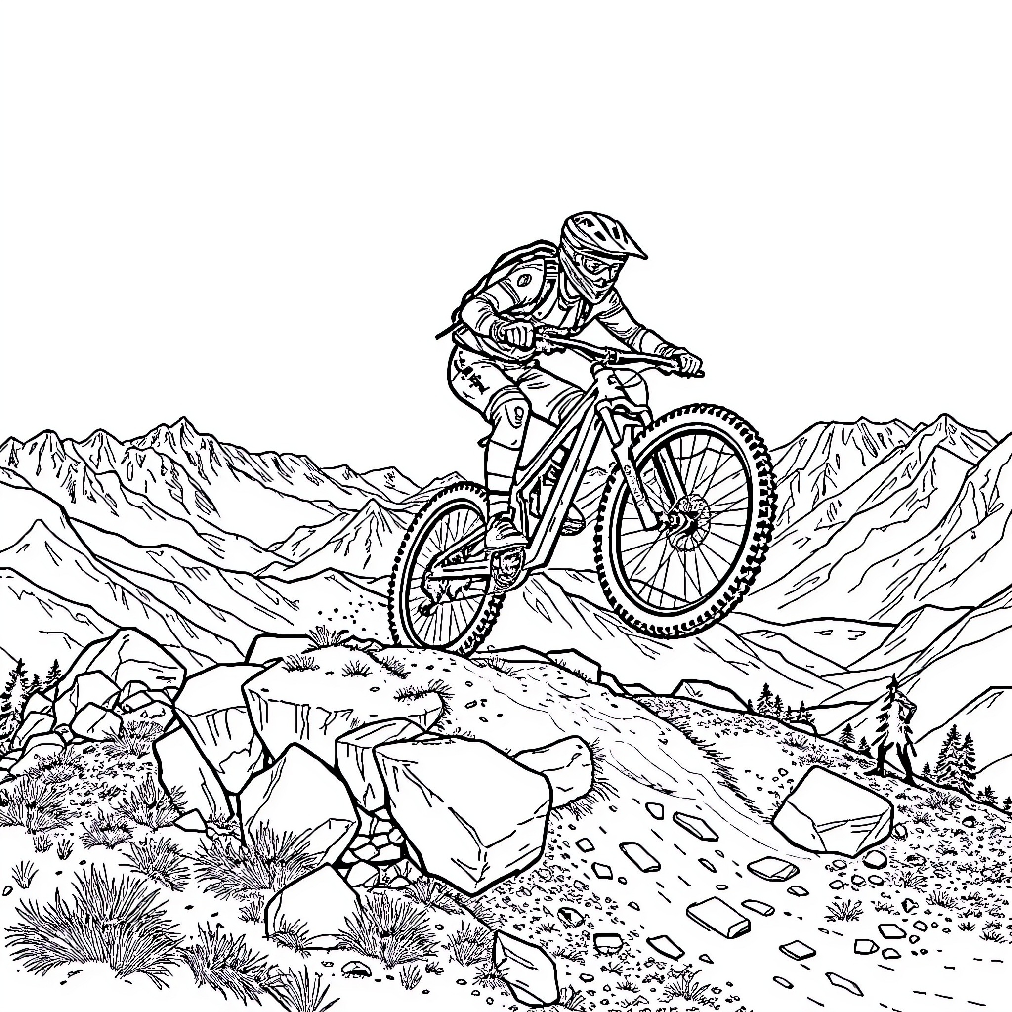 Mtb rider navigating rocky mountain terrain Coloring Page (free black-and-white line drawing printable PDF for all, from beginners to advanced learners, including children, teens, adults, and seniors)