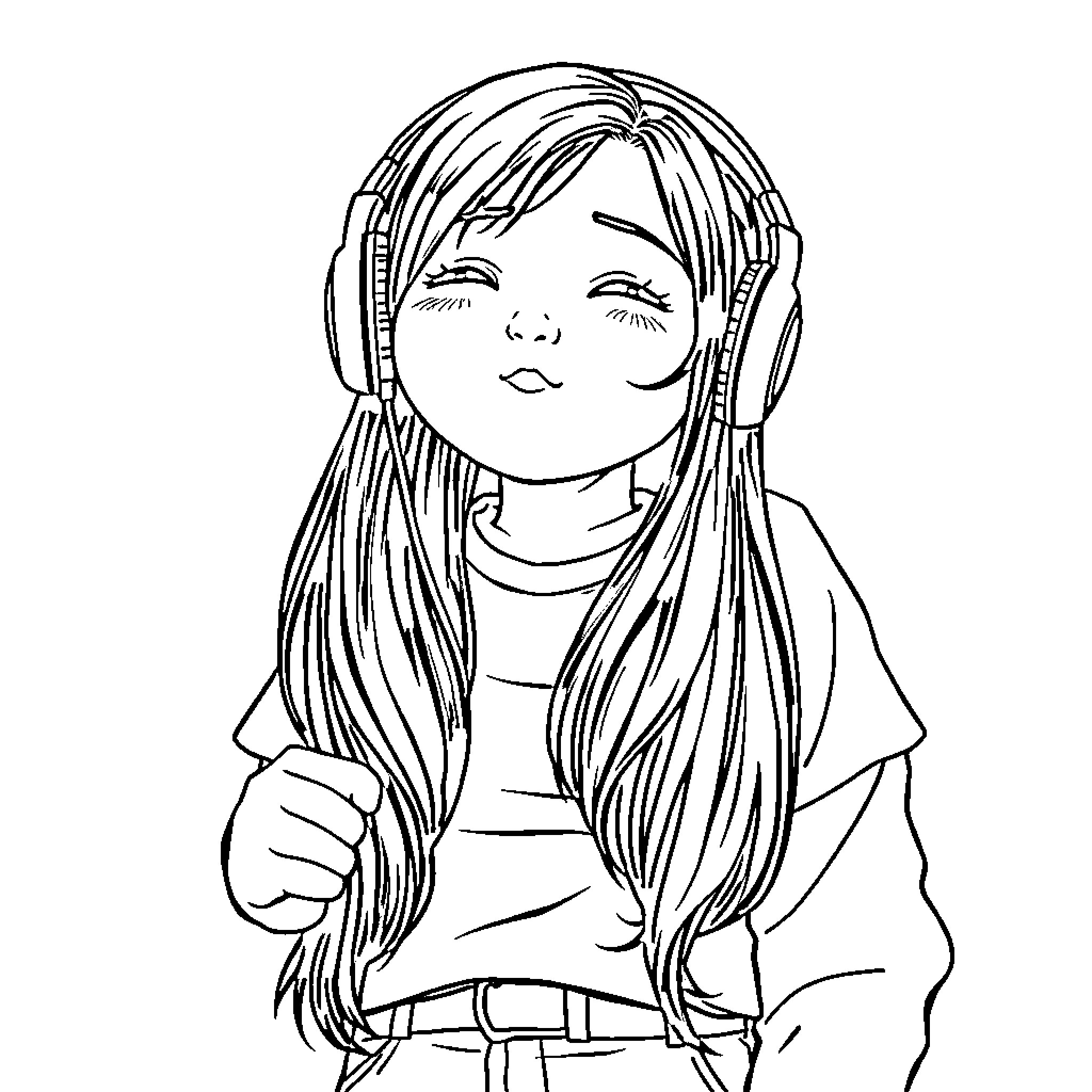 Teen listening to music with headphones Coloring Page (free black-and-white line drawing printable PDF for all, from beginners to advanced learners, including children, teens, adults, and seniors)