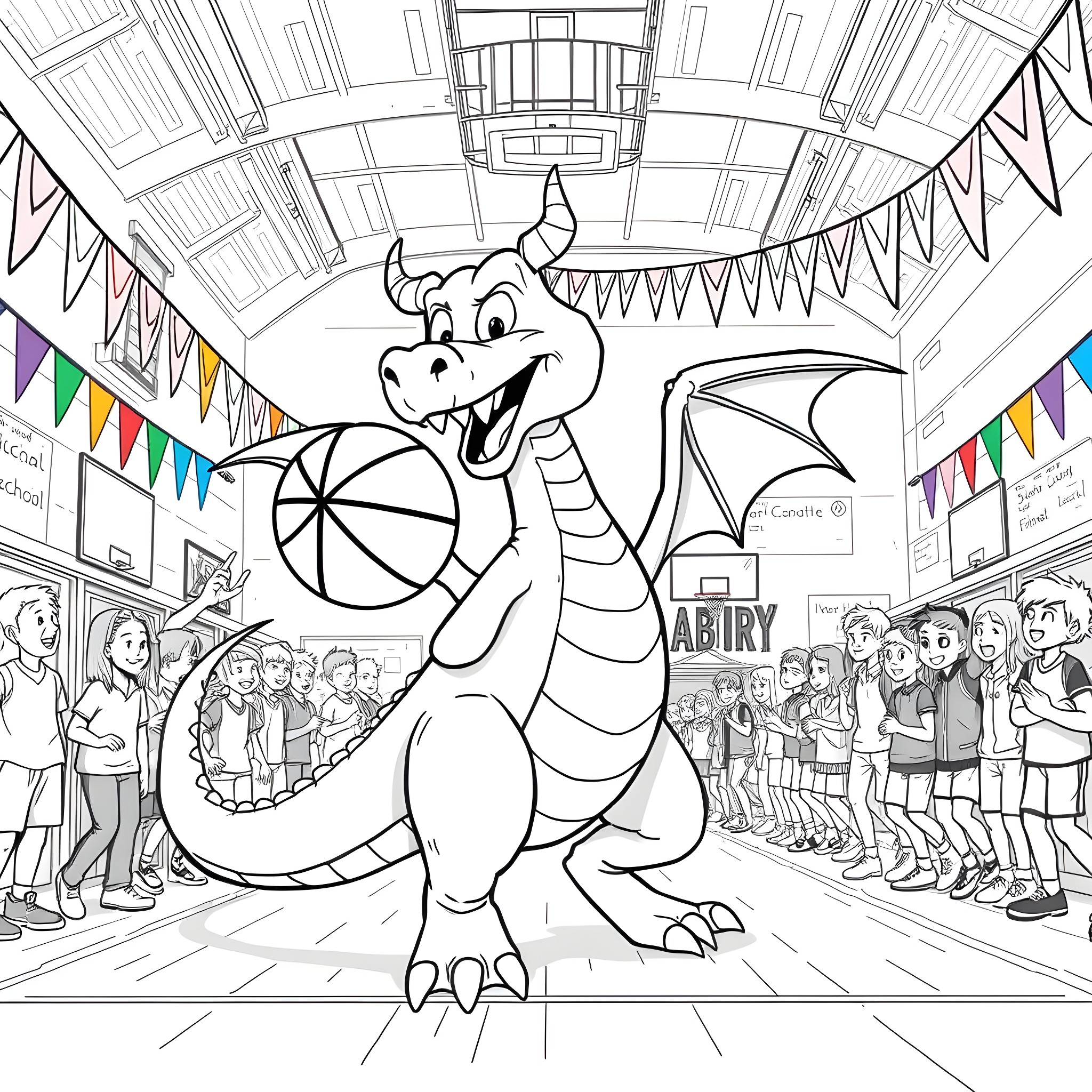 Dragon mascot entertains crowd at sports event Coloring Page (free black-and-white line drawing printable PDF for all, from beginners to advanced learners, including children, teens, adults, and seniors)