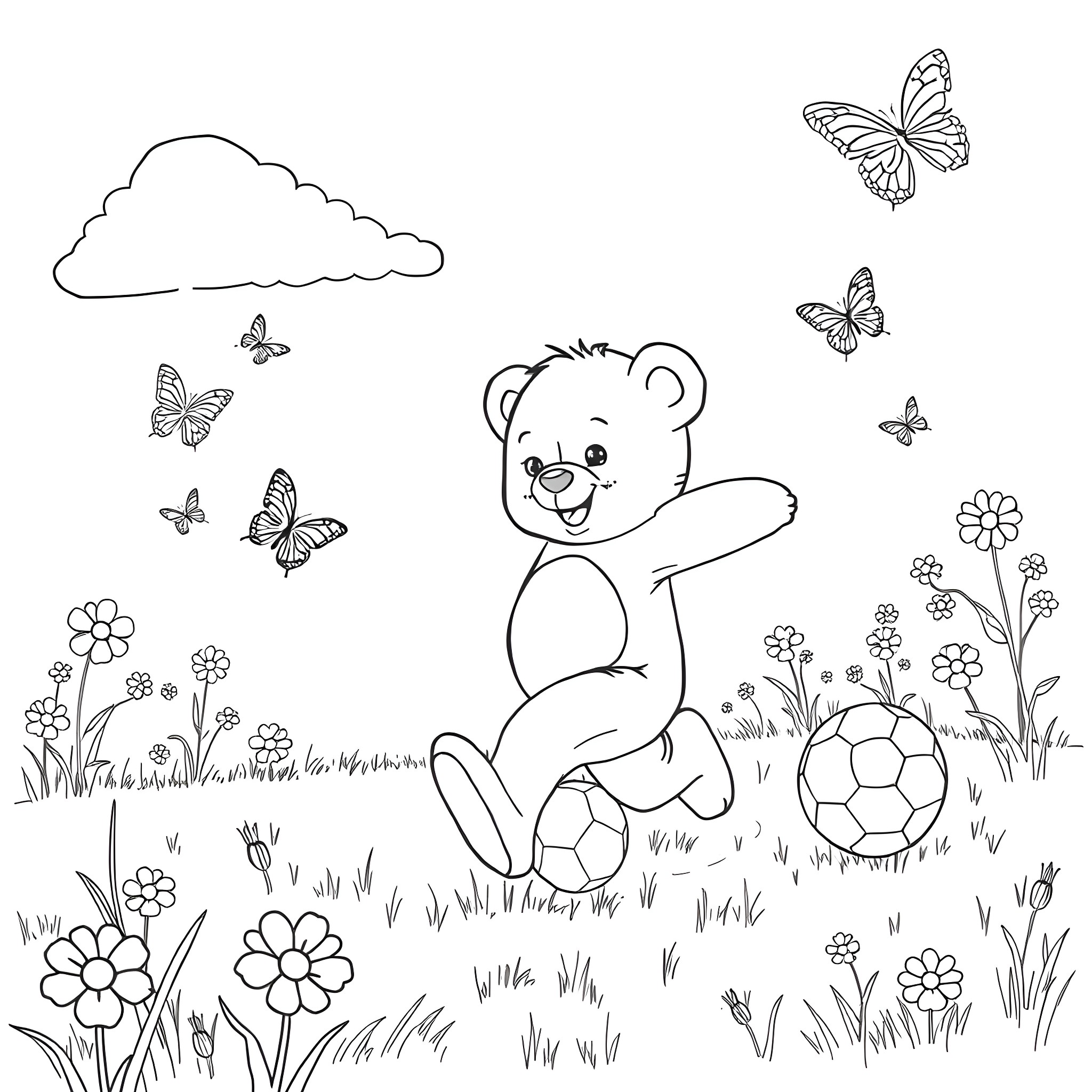 Teddy Bear Playing Happily in the Meadow Coloring Page (free black-and-white line drawing printable PDF for all, from beginners to advanced learners, including children, teens, adults, and seniors)