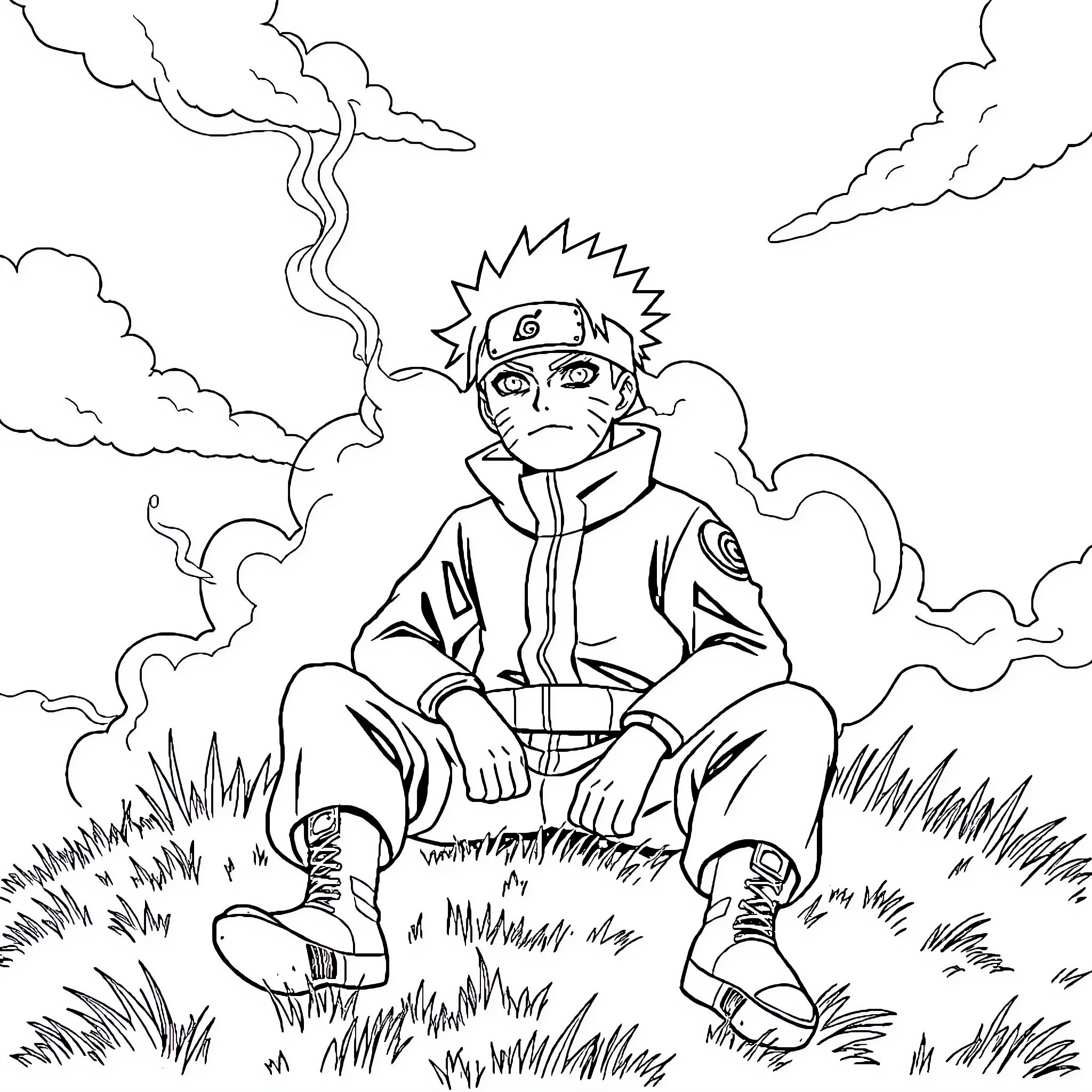 Naruto sitting in contemplation amid swirling clouds Coloring Page (free black-and-white line drawing printable PDF for all, from beginners to advanced learners, including children, teens, adults, and seniors)