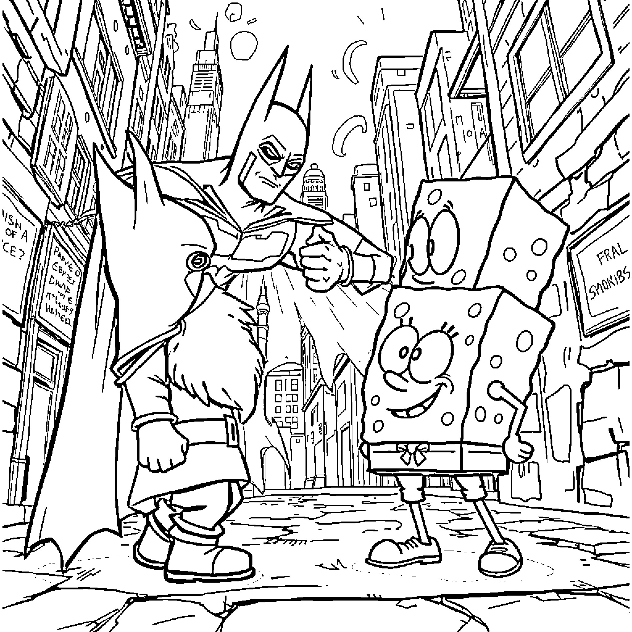Dwarf superheroes in a bustling city scene Coloring Page (free black-and-white line drawing printable PDF for all, from beginners to advanced learners, including children, teens, adults, and seniors)