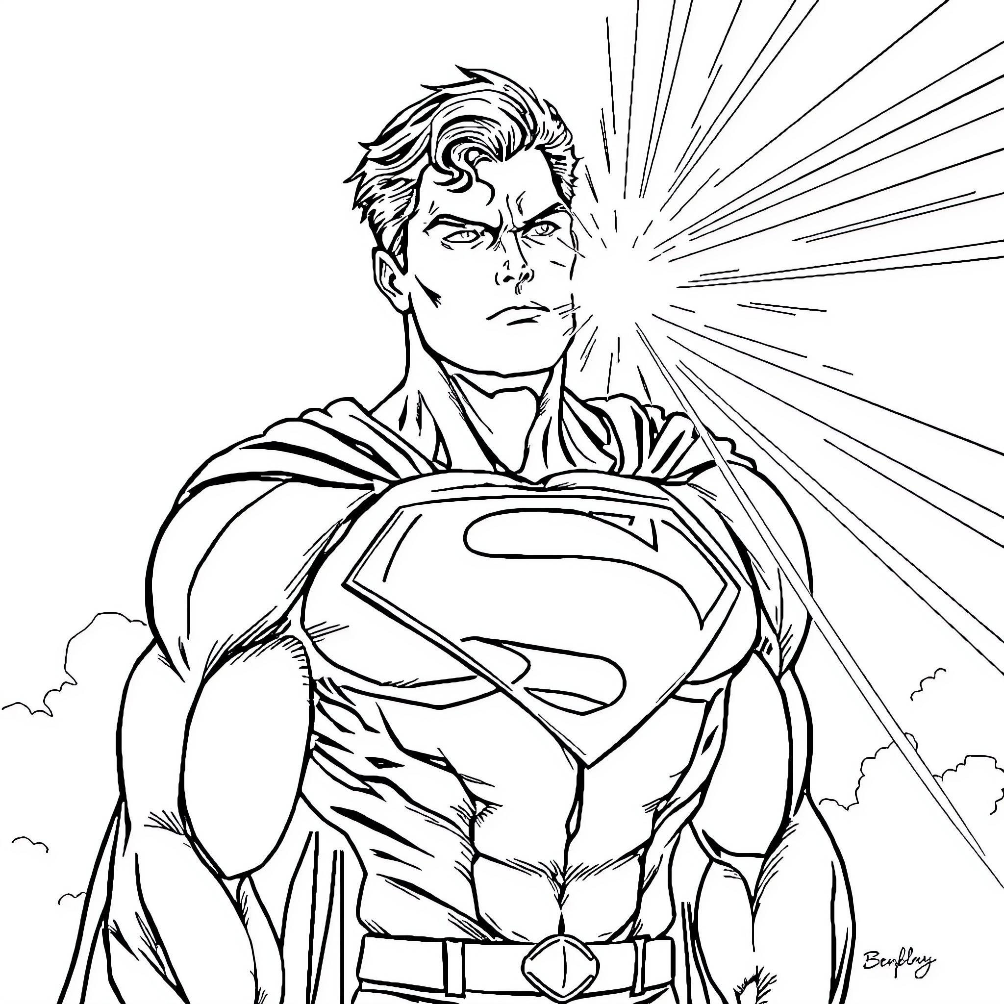 Superman's heroic stance and determination Coloring Page (free black-and-white line drawing printable PDF for all, from beginners to advanced learners, including children, teens, adults, and seniors)