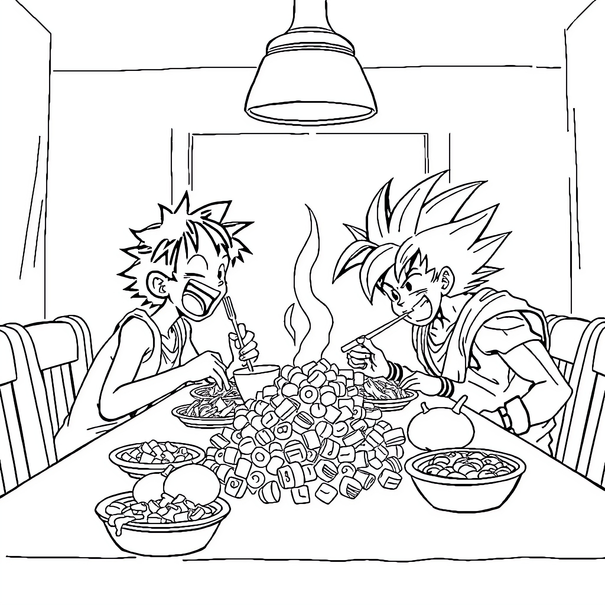 Luffy and friend enjoy a hearty meal together Coloring Page (free black-and-white line drawing printable PDF for all, from beginners to advanced learners, including children, teens, adults, and seniors)