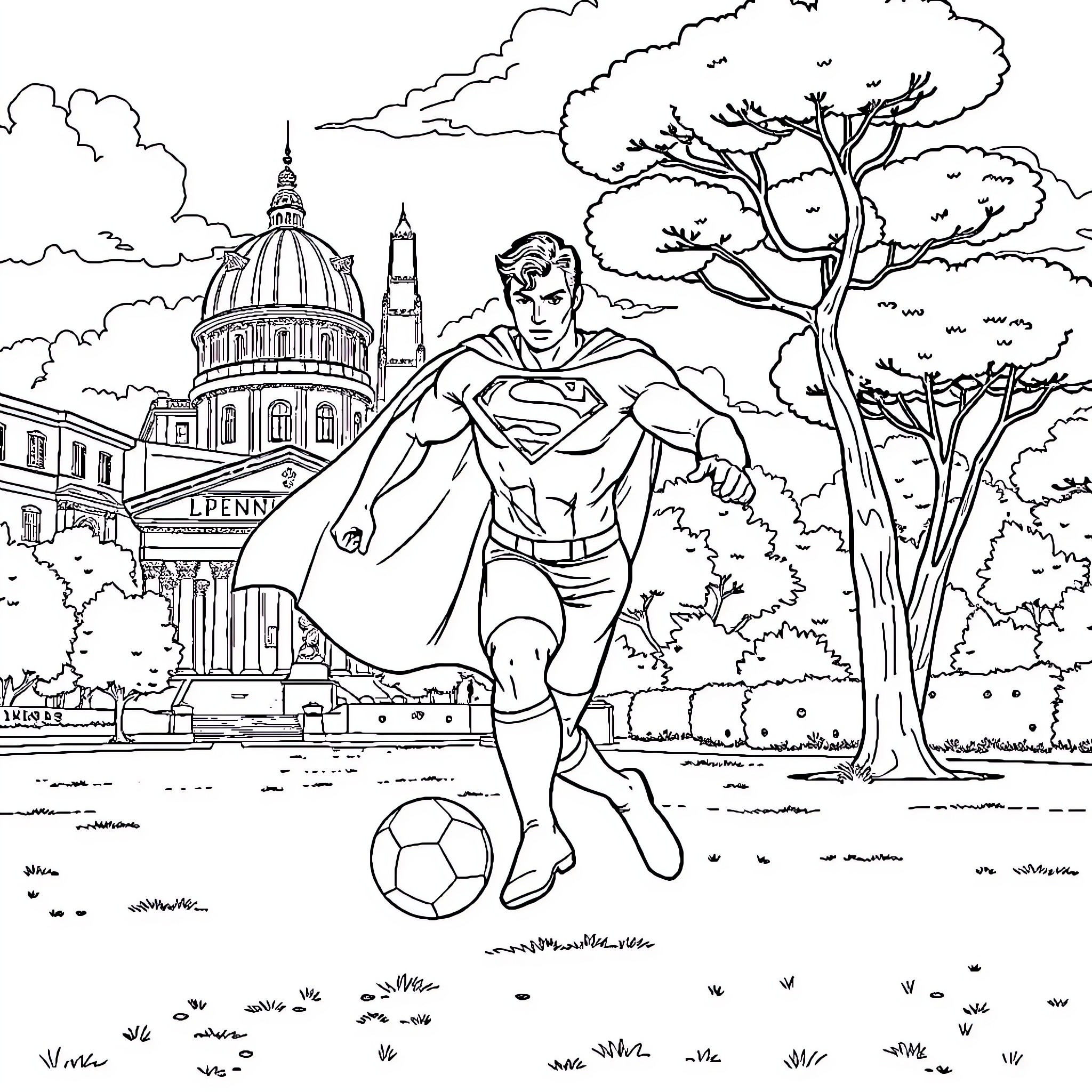 Superman playing soccer in a city landscape Coloring Page (free black-and-white line drawing printable PDF for all, from beginners to advanced learners, including children, teens, adults, and seniors)