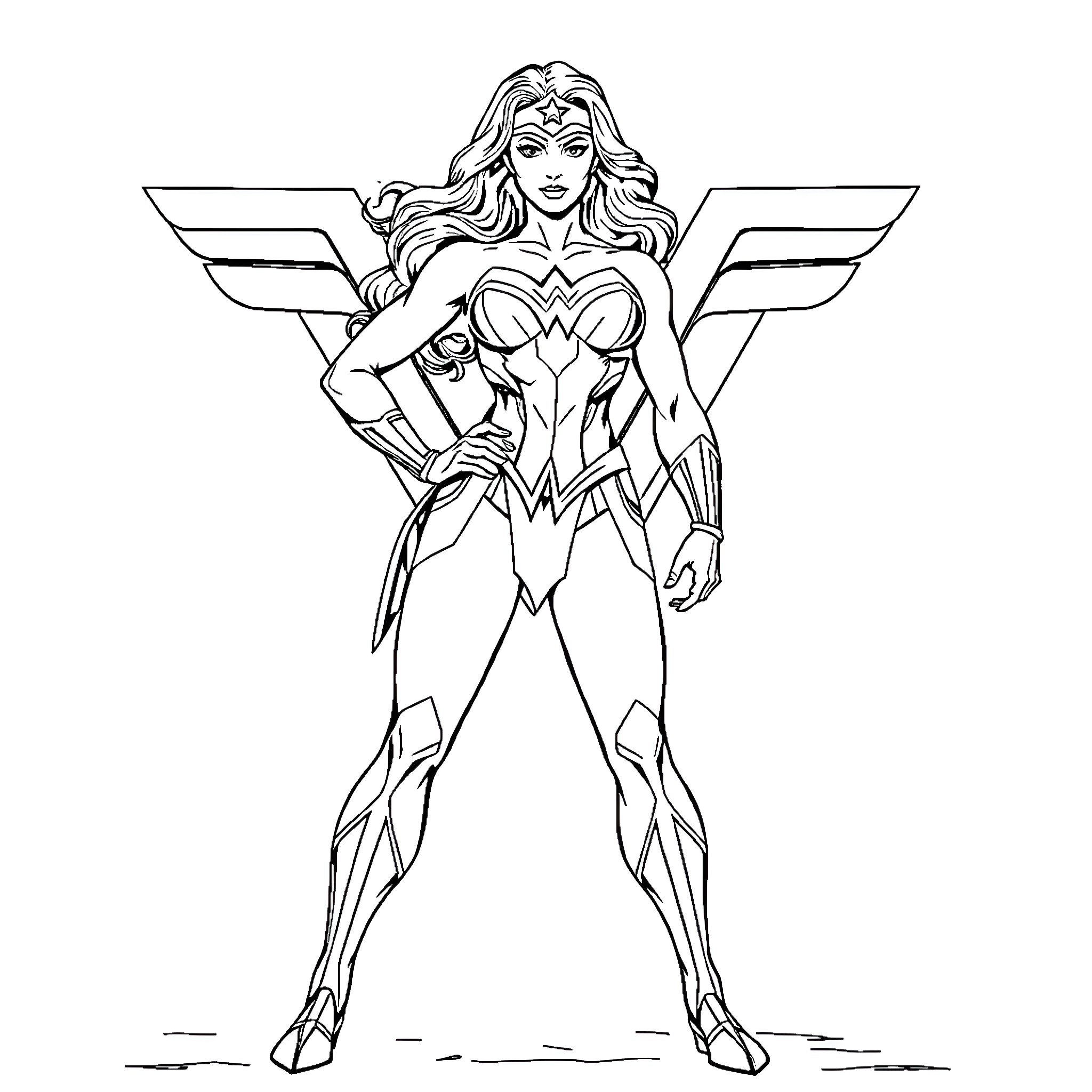 Wonder Woman in heroic pose with iconic costume Coloring Page (free black-and-white line drawing printable PDF for all, from beginners to advanced learners, including children, teens, adults, and seniors)