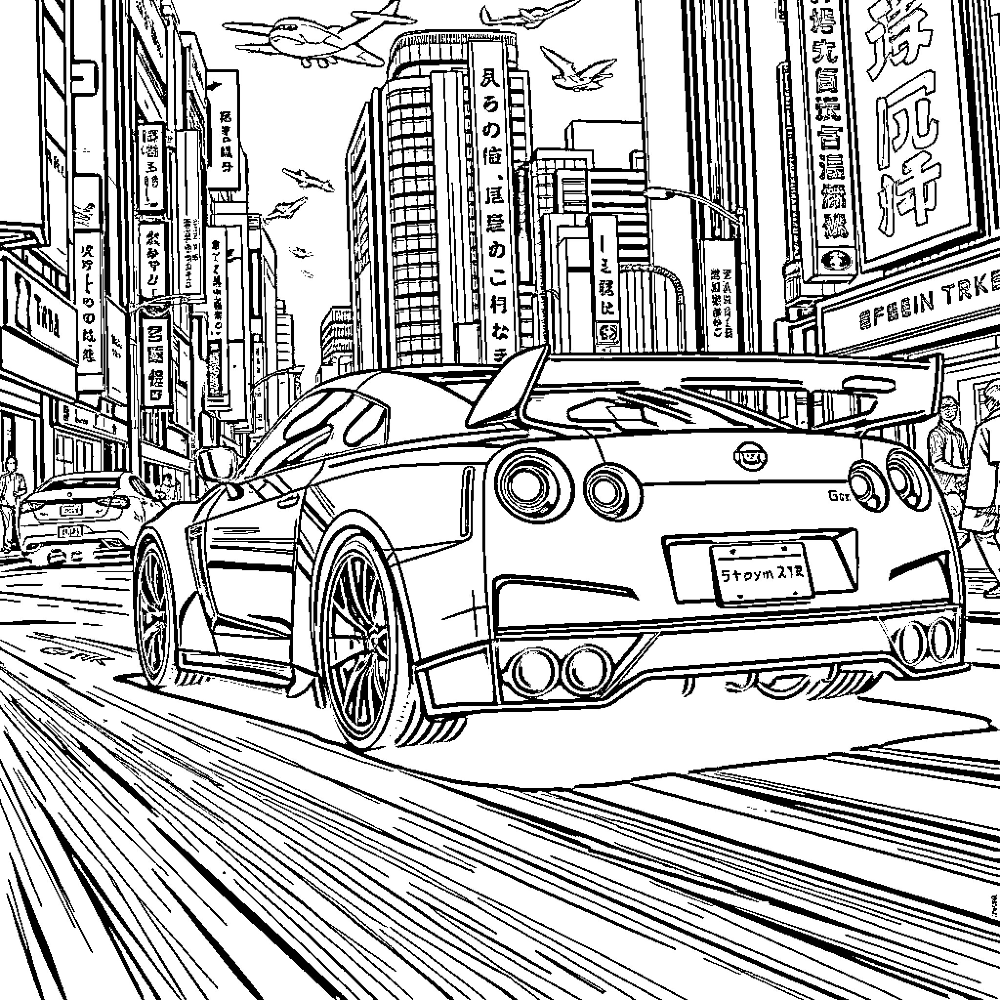Nissan GT-R speeding through futuristic cityscape Coloring Page (free black-and-white line drawing printable PDF for all, from beginners to advanced learners, including children, teens, adults, and seniors)