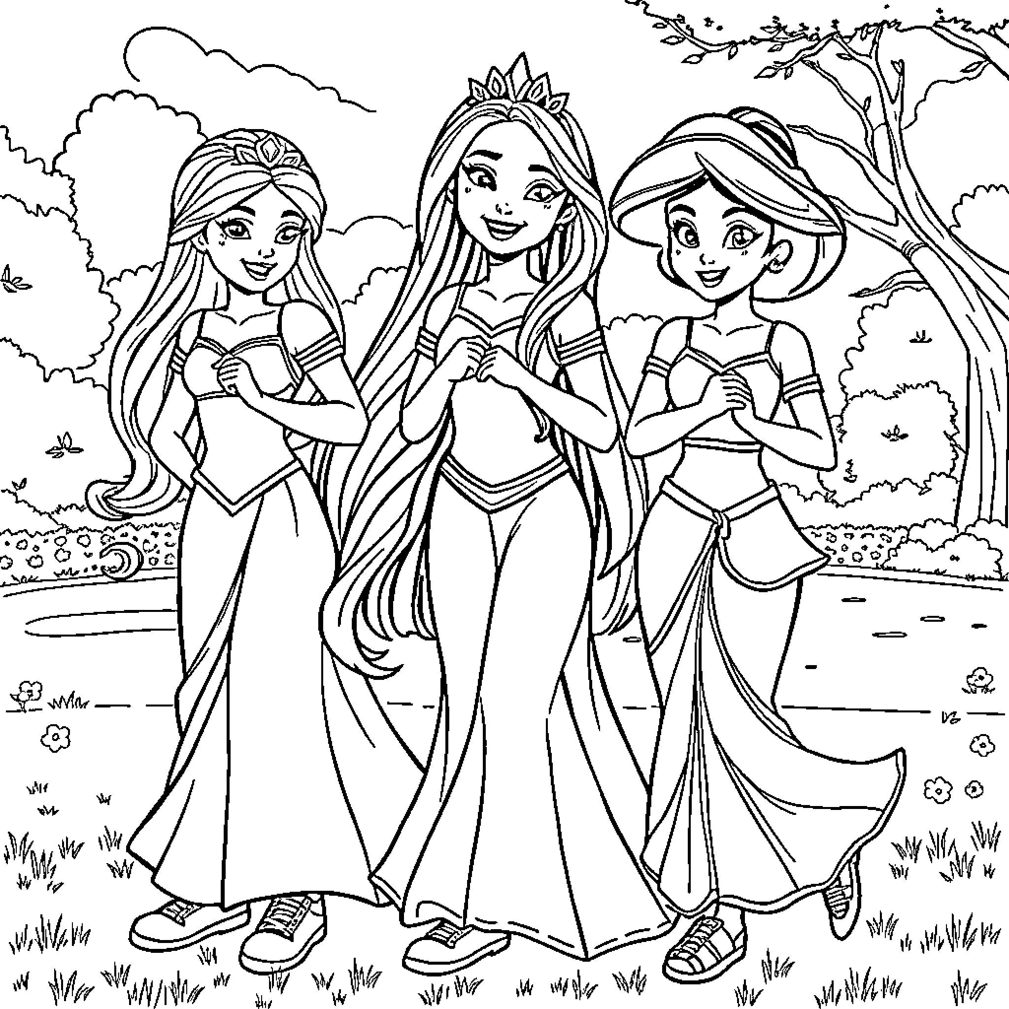 Princess trio's outdoor adventure Coloring Page (free black-and-white line drawing printable PDF for all, from beginners to advanced learners, including children, teens, adults, and seniors)