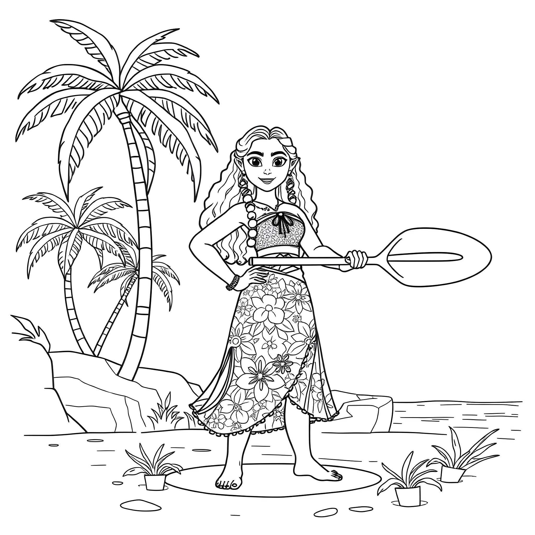 Moana exploring the tropical island Coloring Page (free black-and-white line drawing printable PDF for all, from beginners to advanced learners, including children, teens, adults, and seniors)