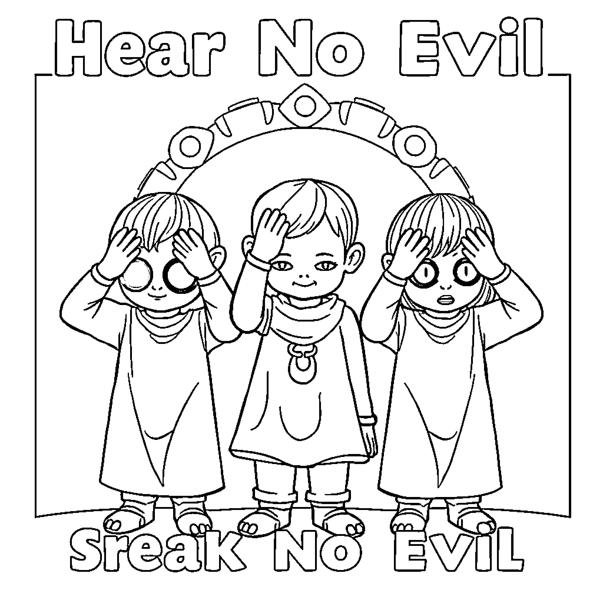Monkey see, monkey do: Kids spreading positivity Coloring Page (free black-and-white line drawing printable PDF for all, from beginners to advanced learners, including children, teens, adults, and seniors)