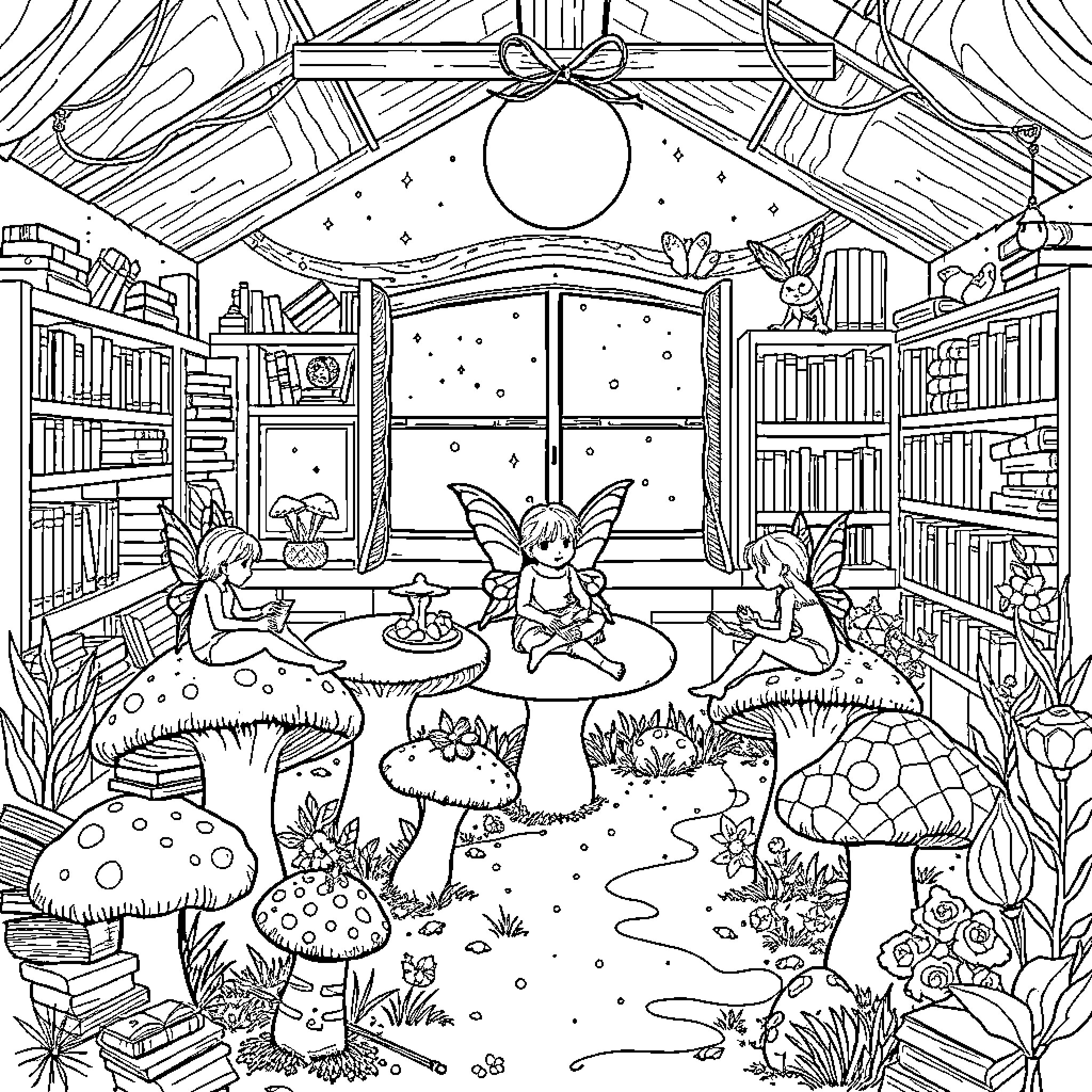 Fairy Friends Gather in Enchanted Library Coloring Page (free black-and-white line drawing printable PDF for all, from beginners to advanced learners, including children, teens, adults, and seniors)