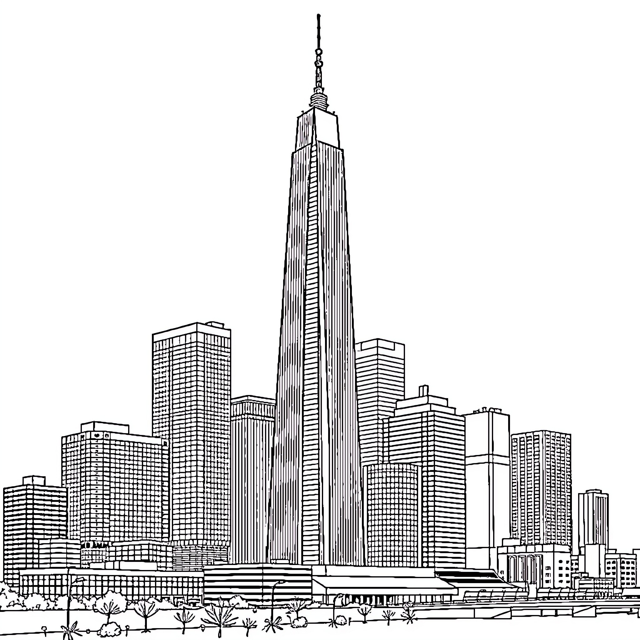 Detroit skyscrapers and downtown cityscape Coloring Page (free black-and-white line drawing printable PDF for all, from beginners to advanced learners, including children, teens, adults, and seniors)