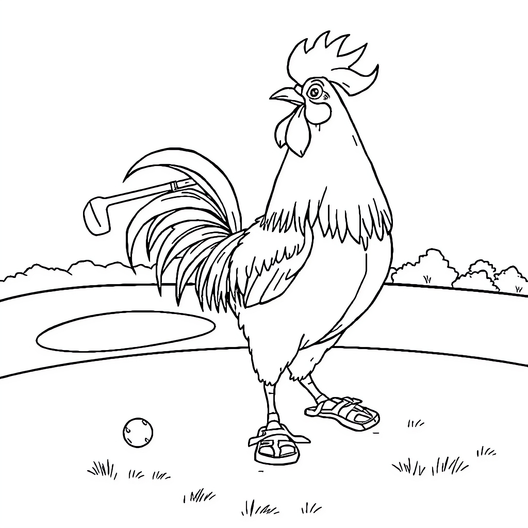 Rooster strutting in a rural setting Coloring Page (free black-and-white line drawing printable PDF for all, from beginners to advanced learners, including children, teens, adults, and seniors)