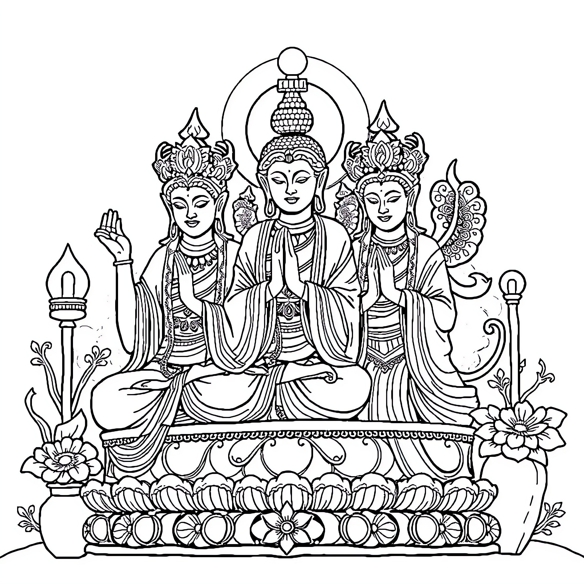 Buddhist Deity Figures in Meditation Pose Coloring Page (free black-and-white line drawing printable PDF for all, from beginners to advanced learners, including children, teens, adults, and seniors)
