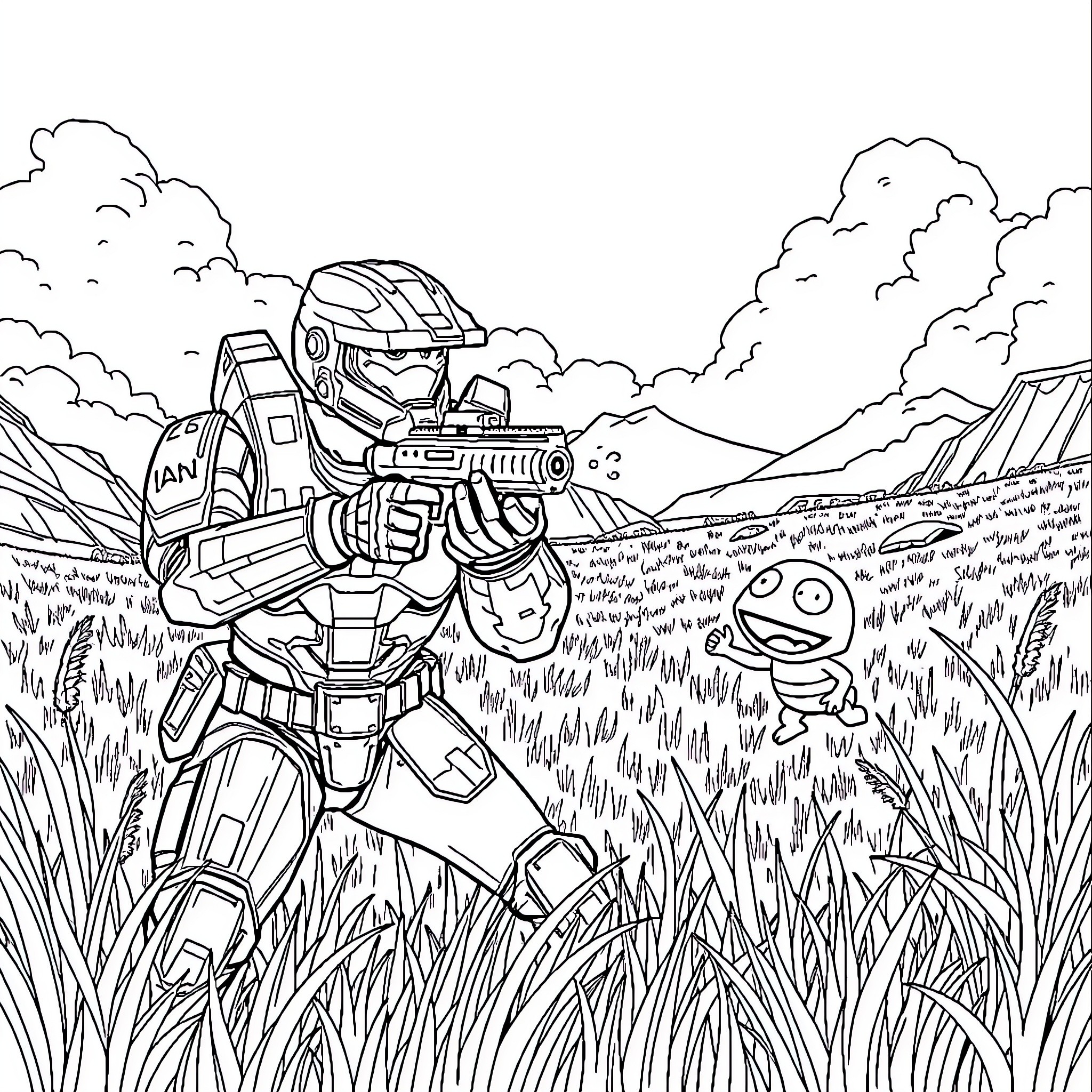 Master Chief facing off in a remote wilderness environment Coloring Page (free black-and-white line drawing printable PDF for all, from beginners to advanced learners, including children, teens, adults, and seniors)