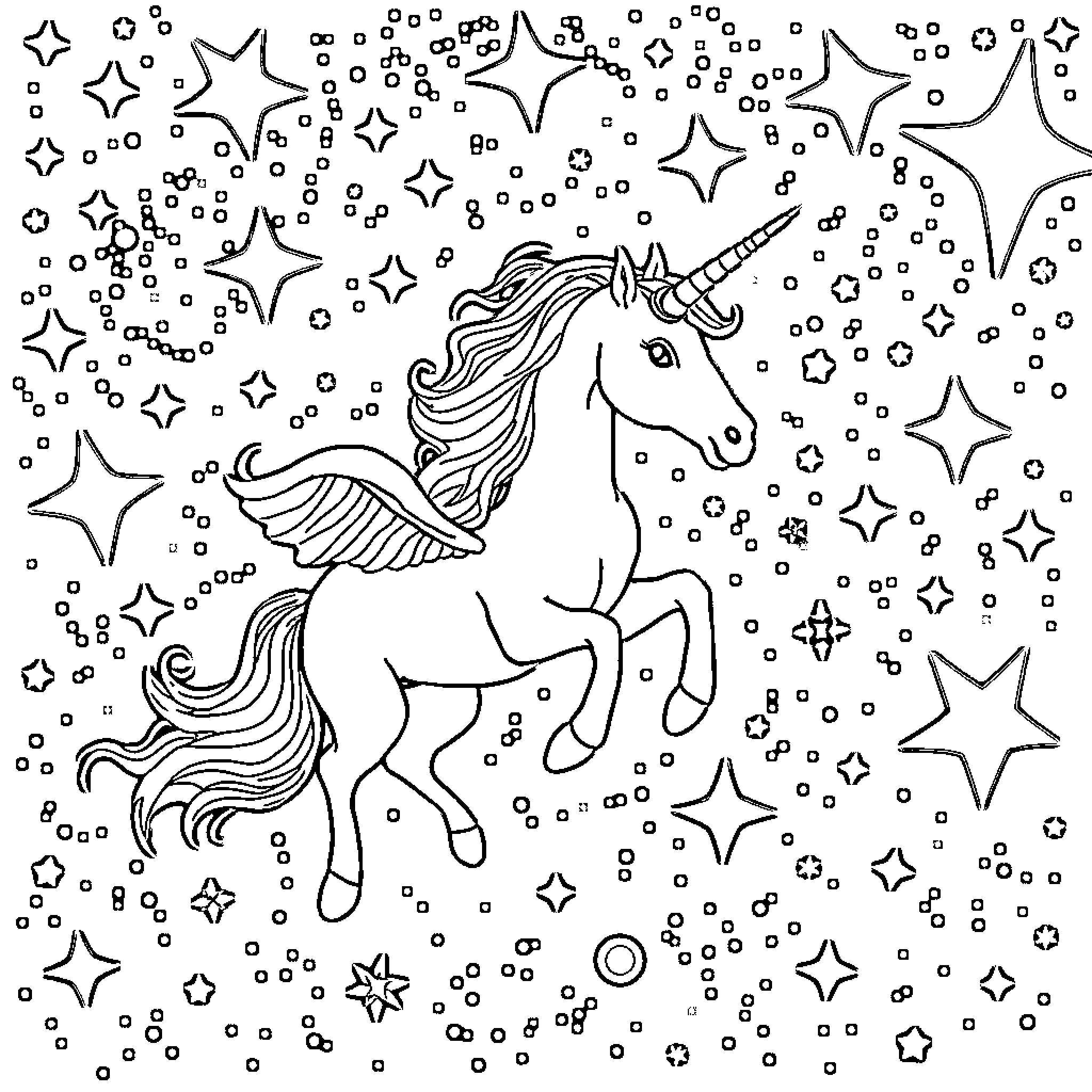 Unicorn playing among twinkling stars in the sky Coloring Page (free black-and-white line drawing printable PDF for all, from beginners to advanced learners, including children, teens, adults, and seniors)