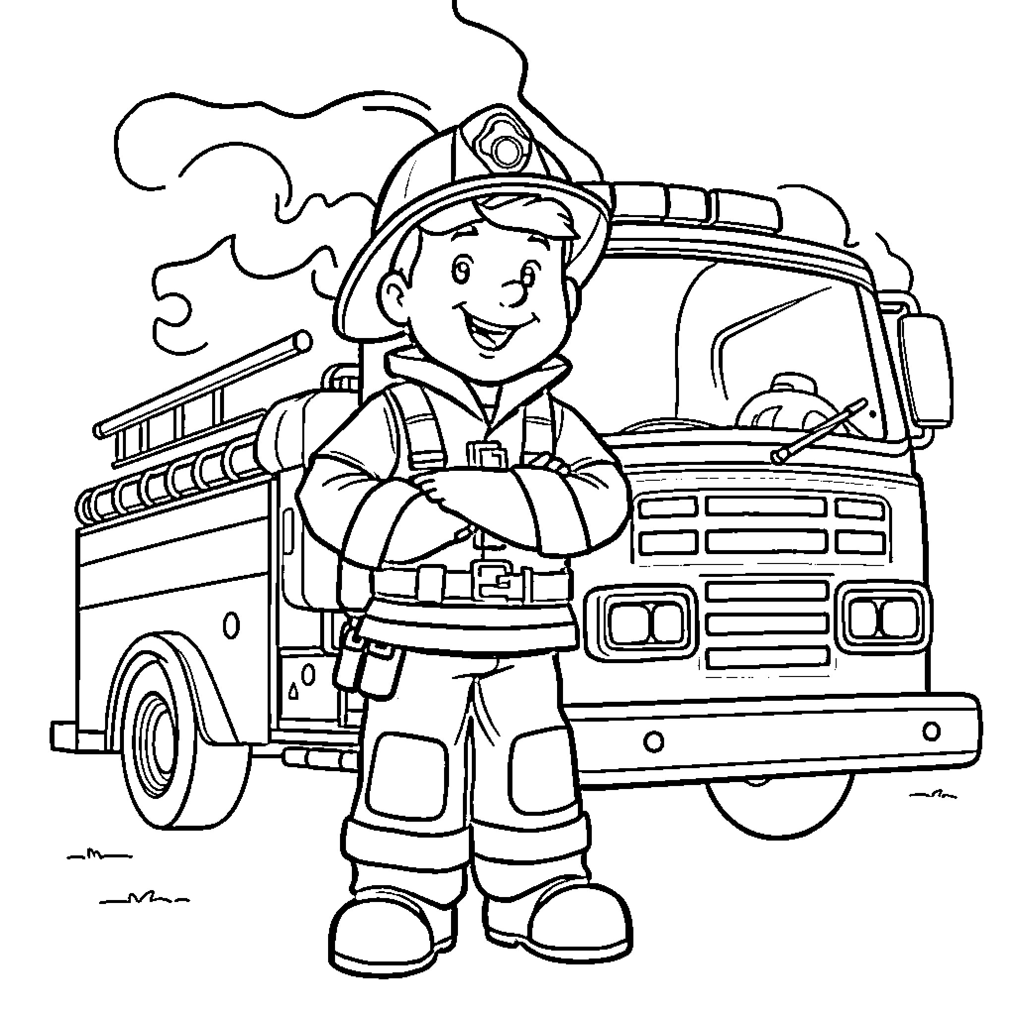 Fireman stands next to firefighting truck Coloring Page (free black-and-white line drawing printable PDF for all, from beginners to advanced learners, including children, teens, adults, and seniors)