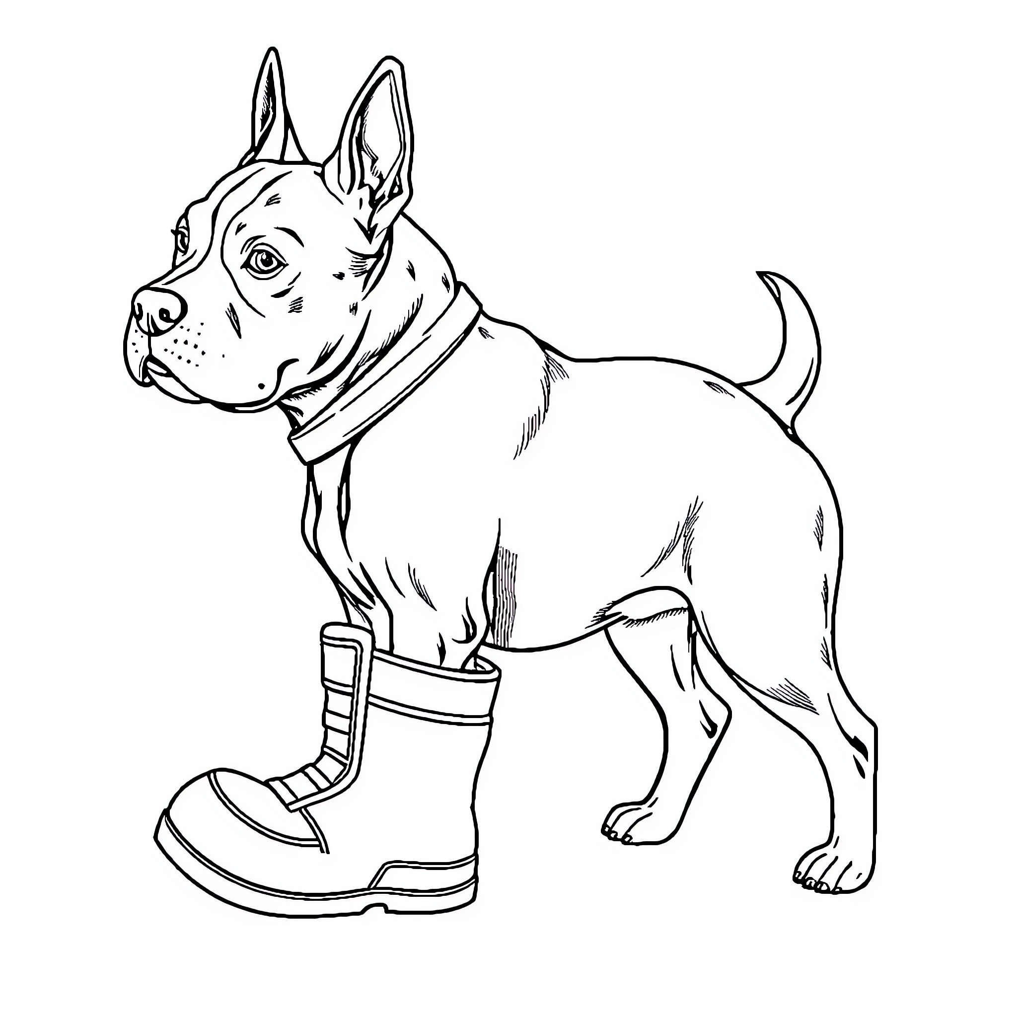 Staffy wearing rain boots and looking alert Coloring Page (free black-and-white line drawing printable PDF for all, from beginners to advanced learners, including children, teens, adults, and seniors)