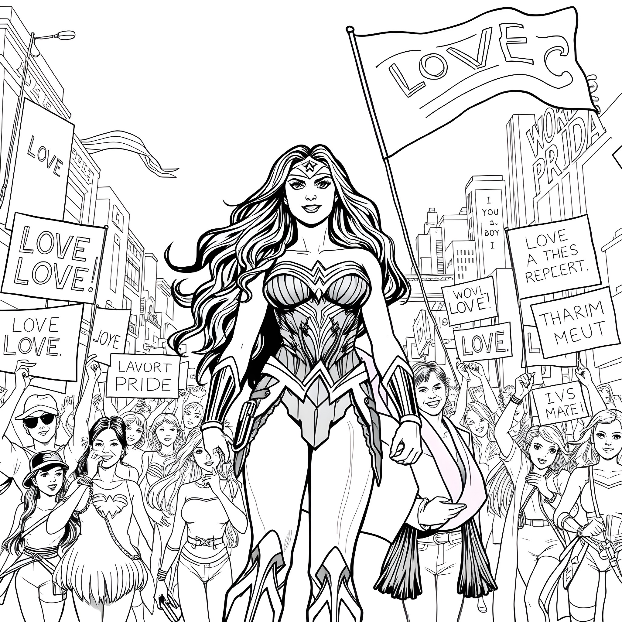 Wonder Woman leading a pride march with diverse supporters Coloring Page (free black-and-white line drawing printable PDF for all, from beginners to advanced learners, including children, teens, adults, and seniors)