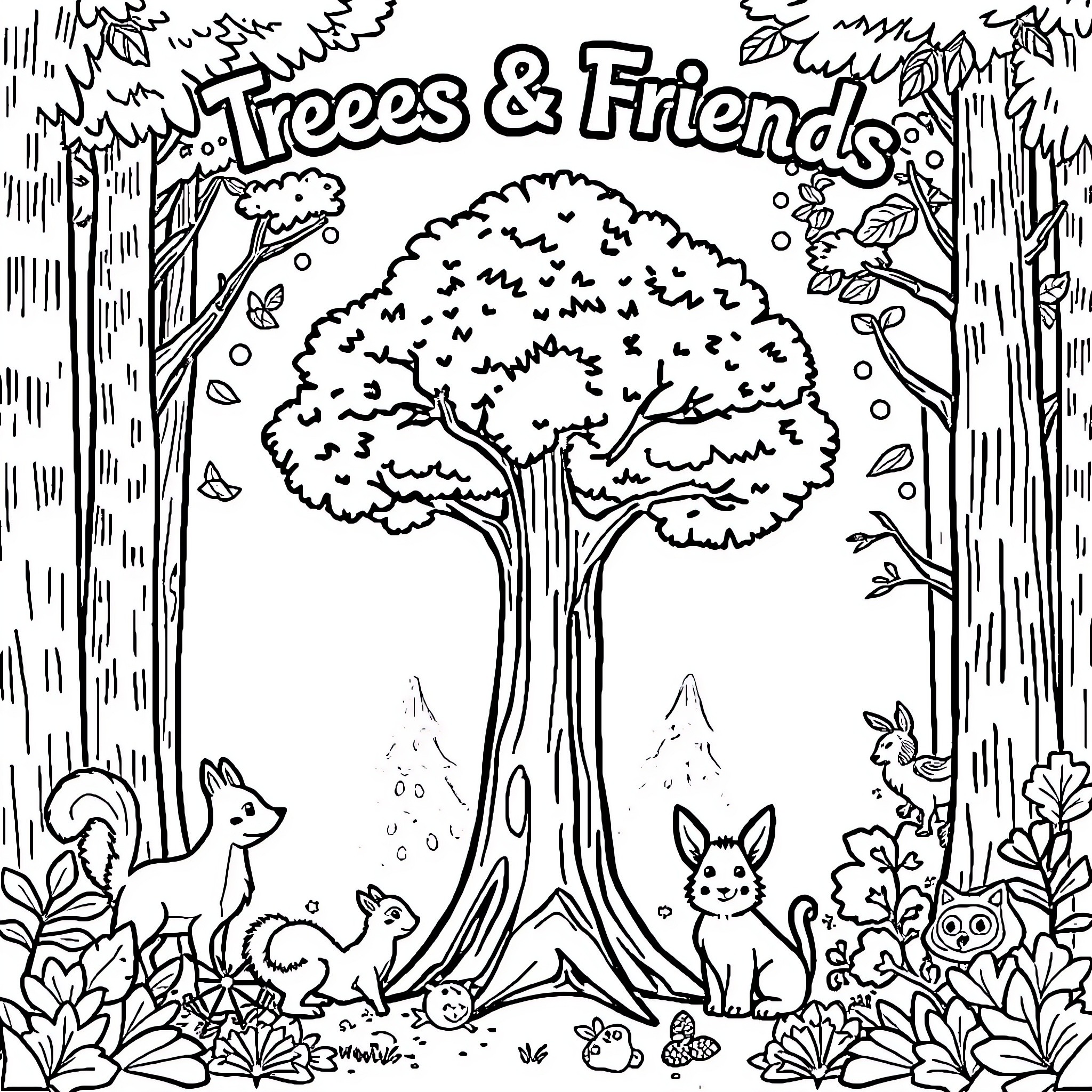 Tree Dwelling Friends in the Enchanted Forest Coloring Page (free black-and-white line drawing printable PDF for all, from beginners to advanced learners, including children, teens, adults, and seniors)