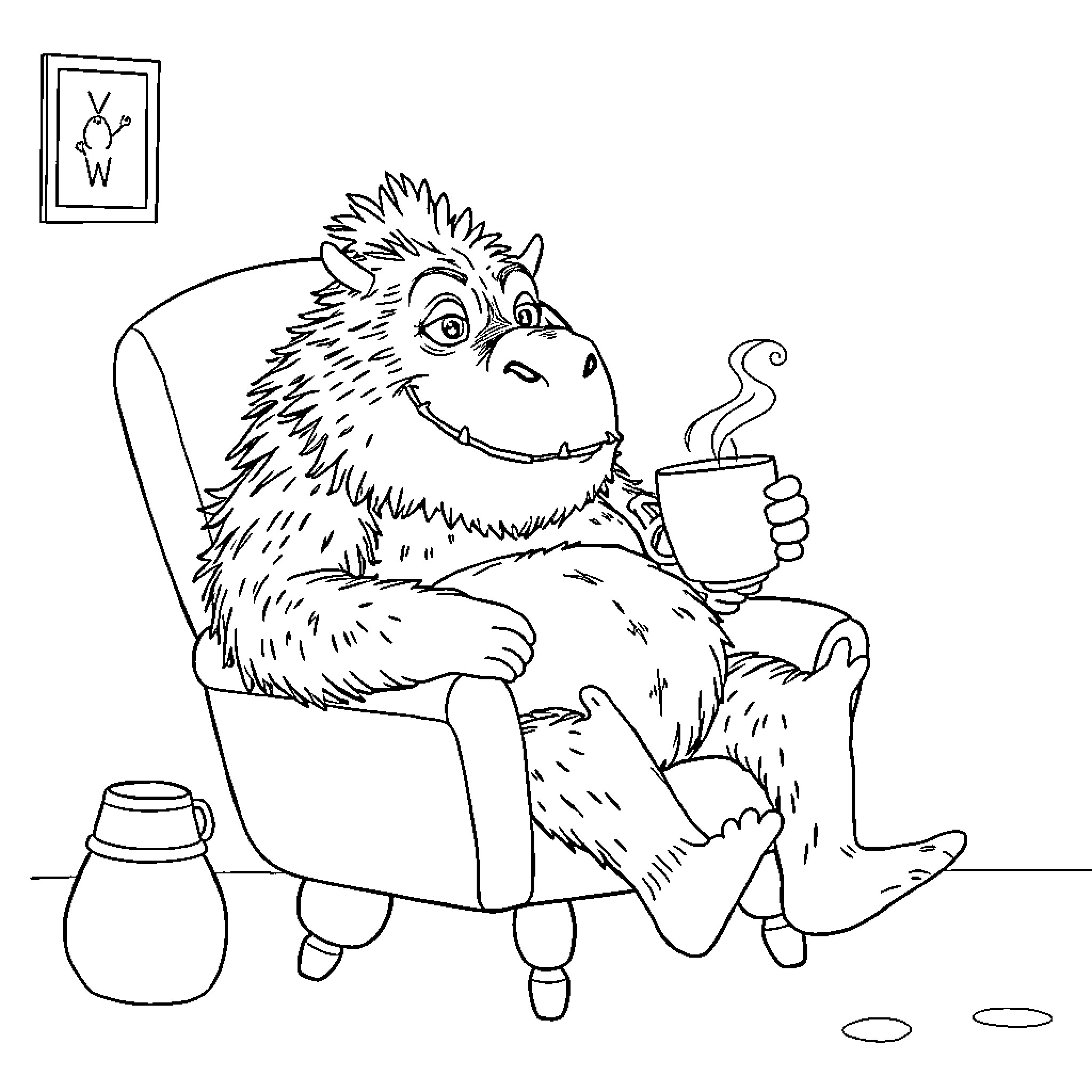 Gruffalo relaxing with a warm beverage Coloring Page (free black-and-white line drawing printable PDF for all, from beginners to advanced learners, including children, teens, adults, and seniors)